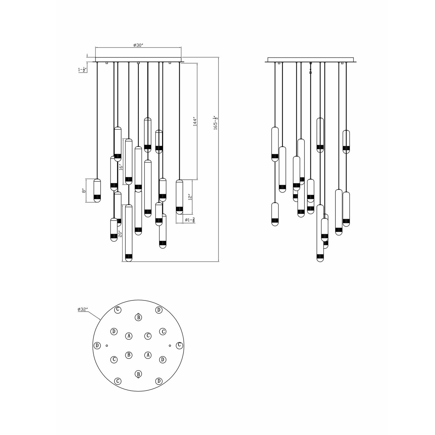 Cambre LED Chandelier - line drawing.