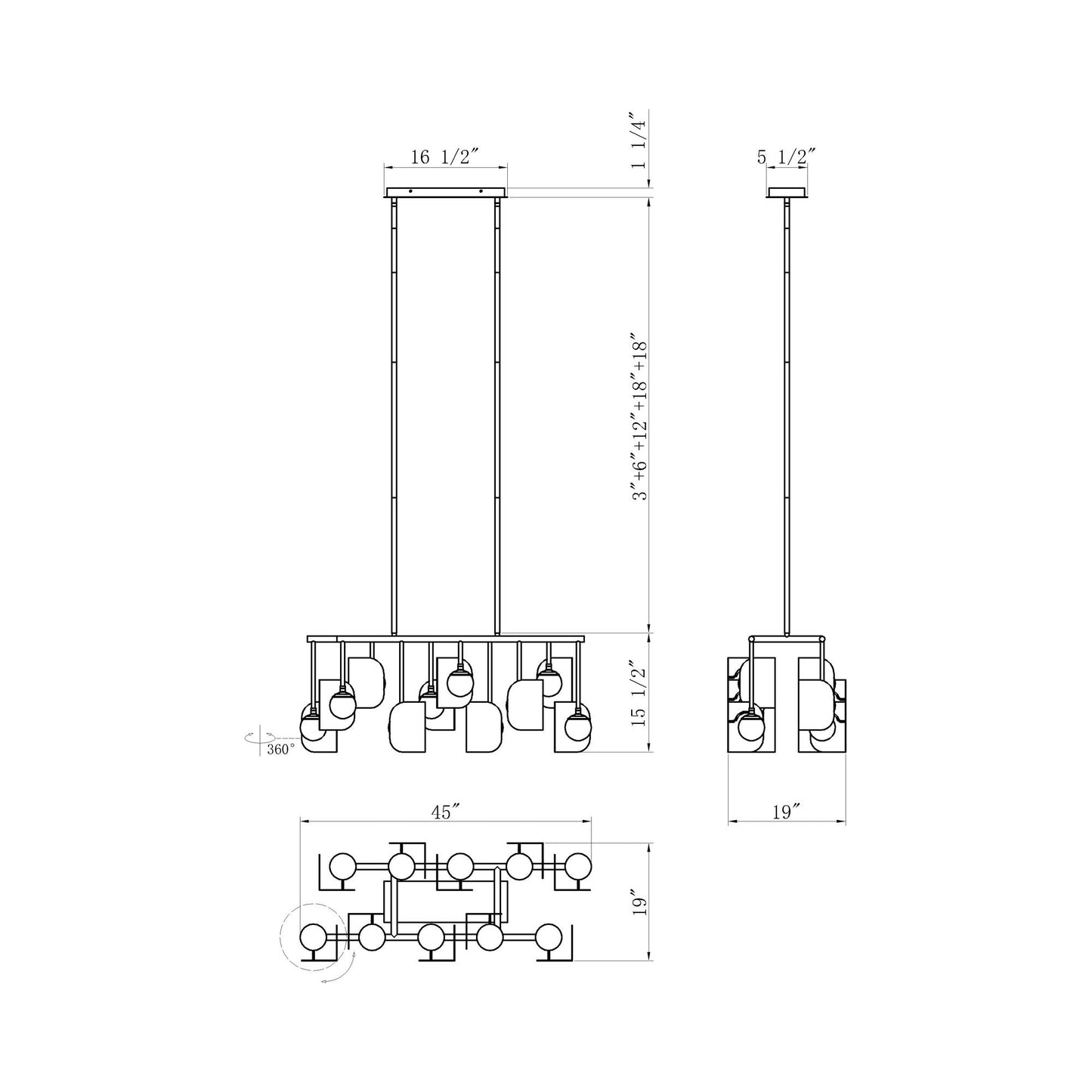 Cornice LED Linear Chandelier - line drawing.