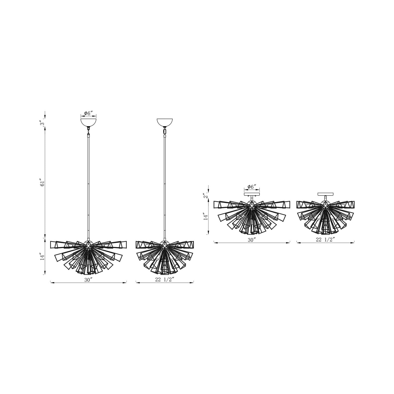 Dendelio Semi Flush Mount Ceiling Light - line drawing.