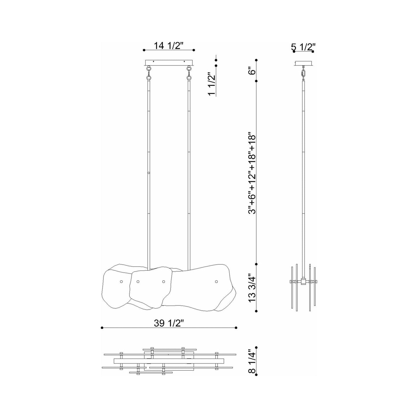 Grotto Linear LED Chandelier - line drawing.