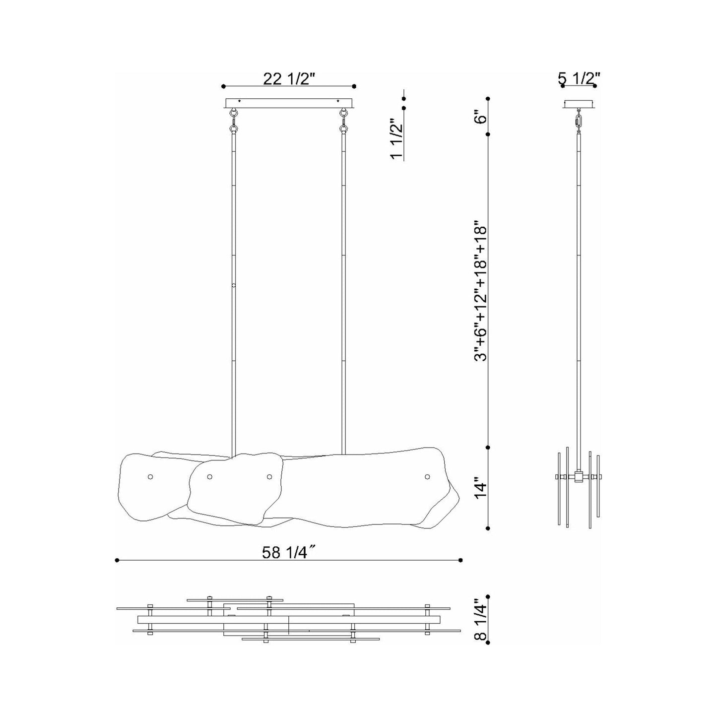 Grotto Linear LED Chandelier - line drawing.