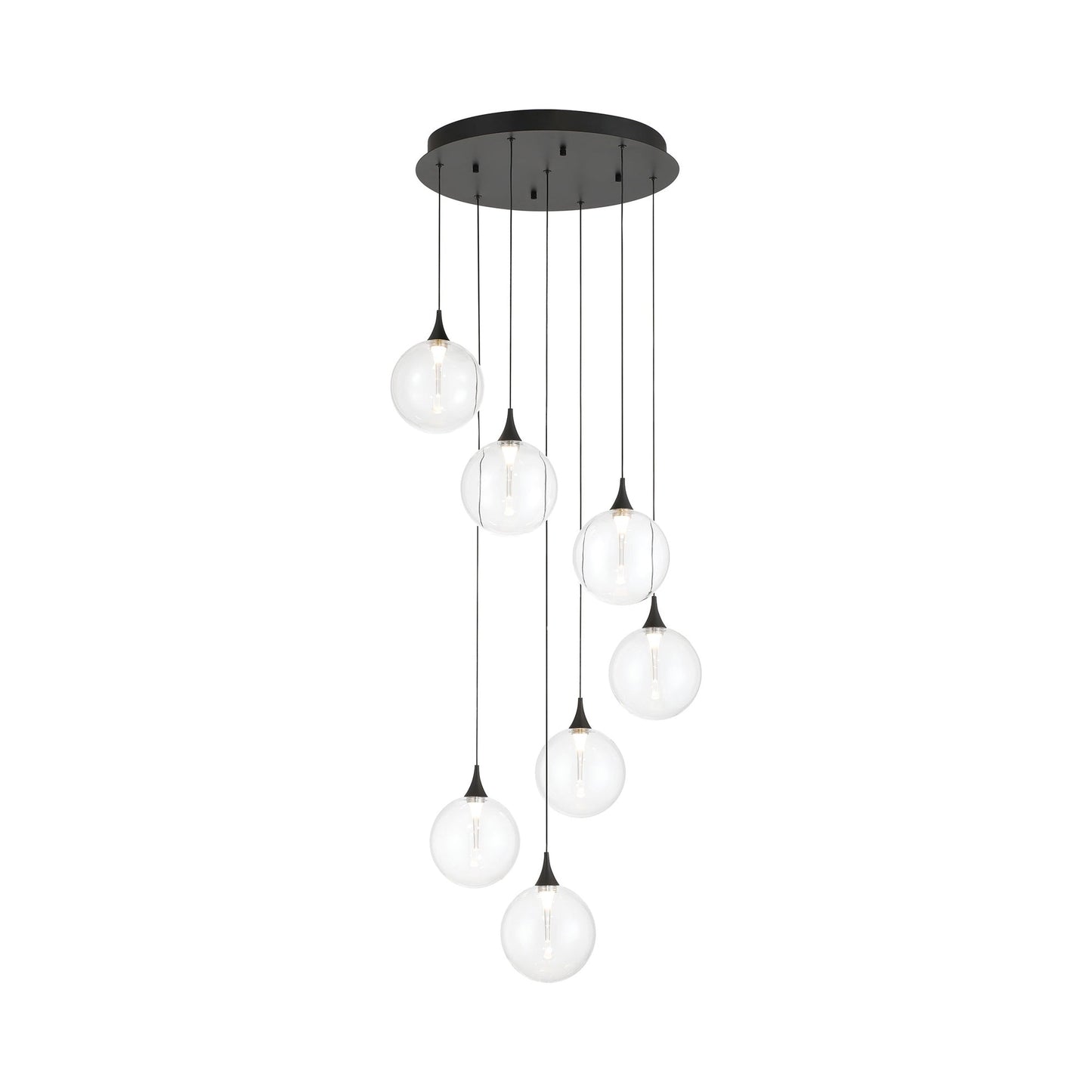 Iissa Round LED Chandelier in Matte Black/Clear Glass.