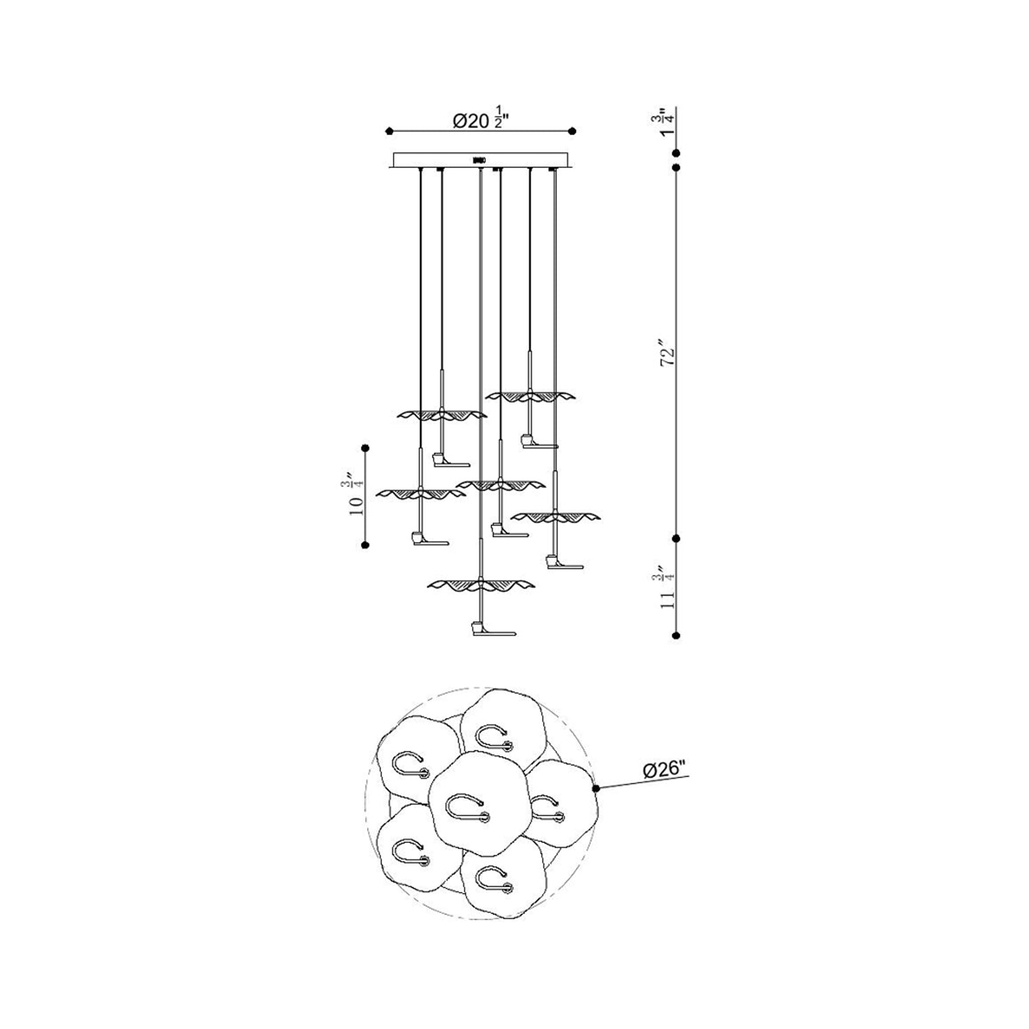 Lagatto LED Chandelier - line drawing.