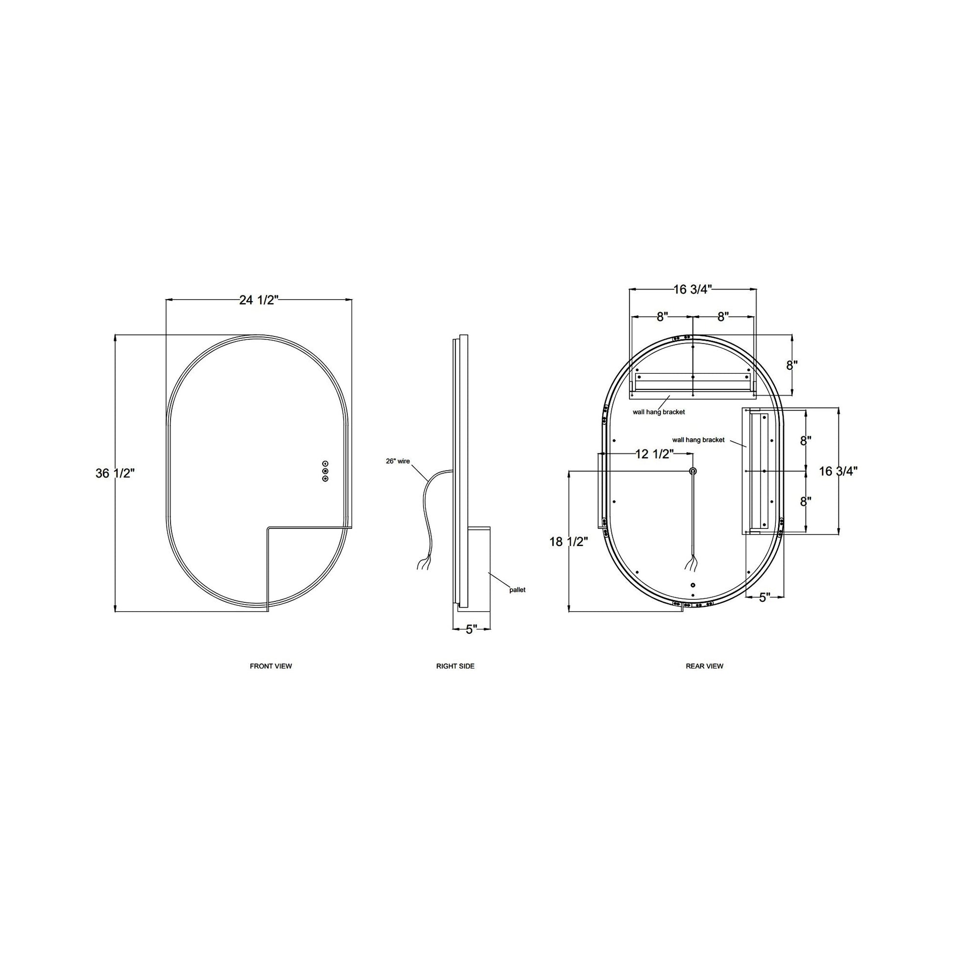 Linden LED Wall Mirror - line drawing.