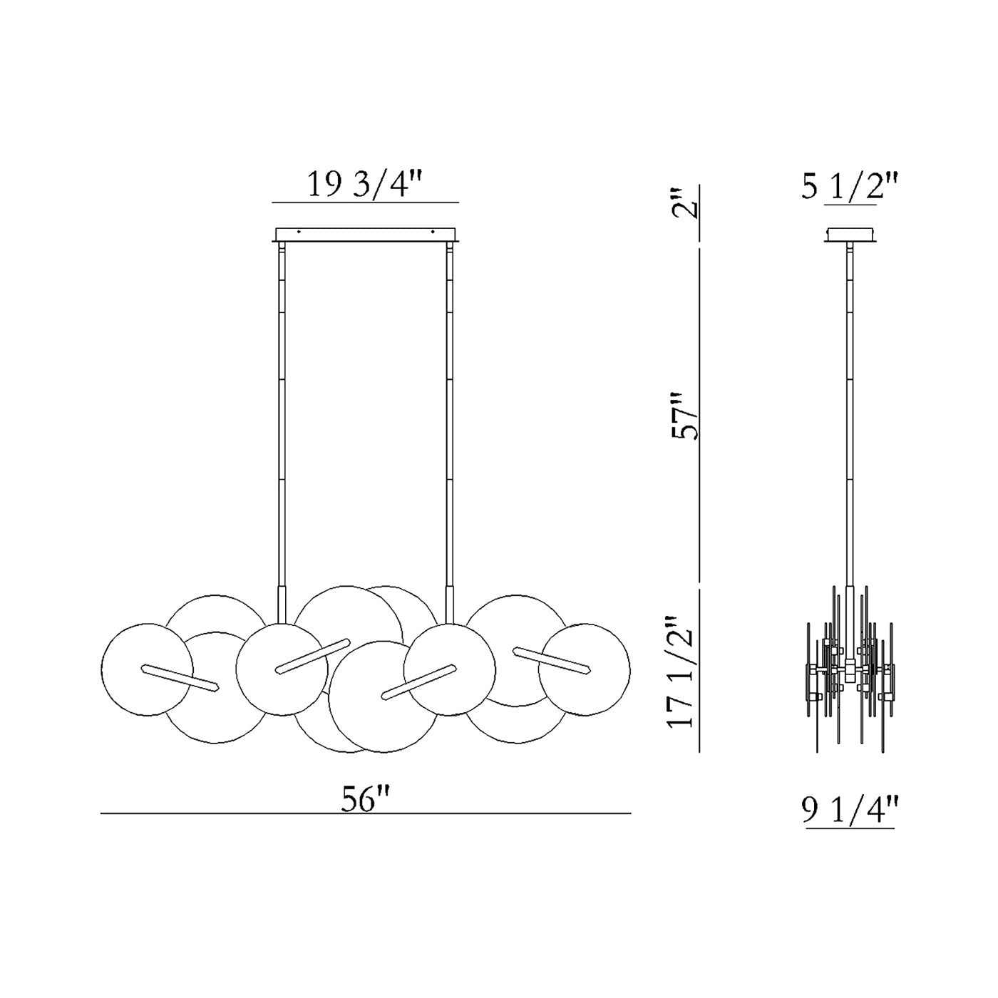 Nuvola LED Linear Chandelier - line drawing.