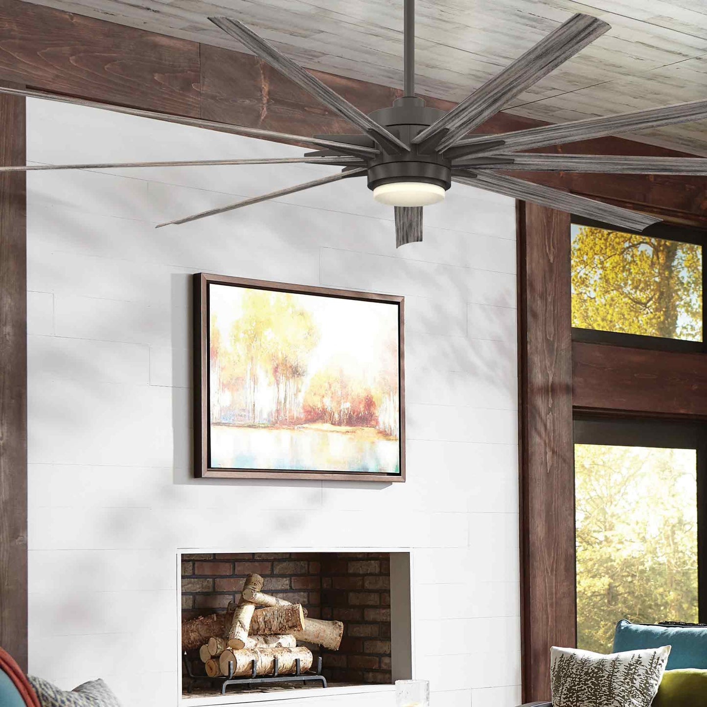 Odyn 84-Inch Indoor / Outdoor LED Ceiling Fan in living room.