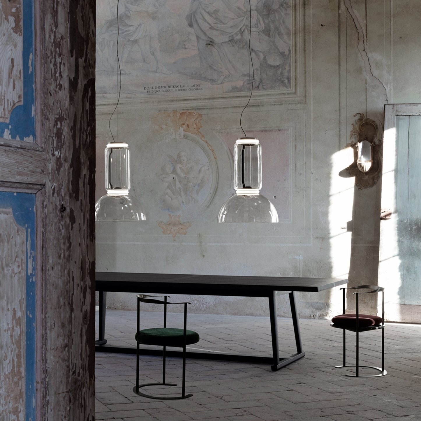 Noctambule Low Cylinder and Bowl LED Pendant Light in dining room.