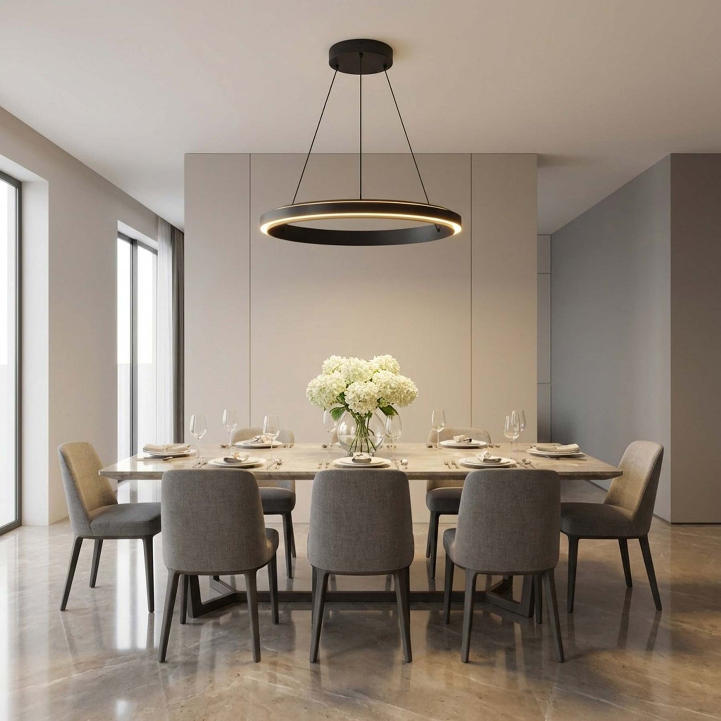 Aro LED Chandelier in dining room.