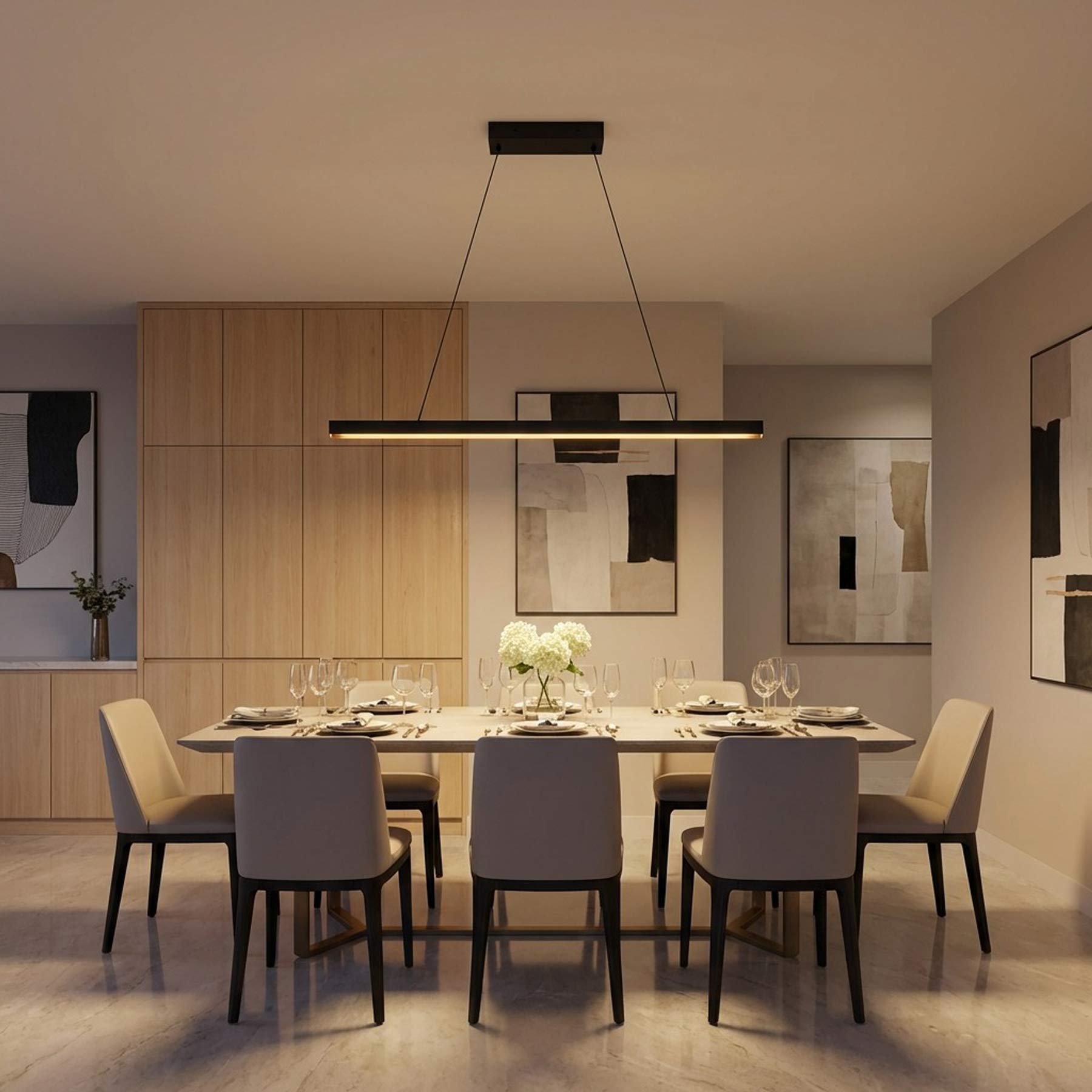 Aro Linear LED Chandelier in dining room.