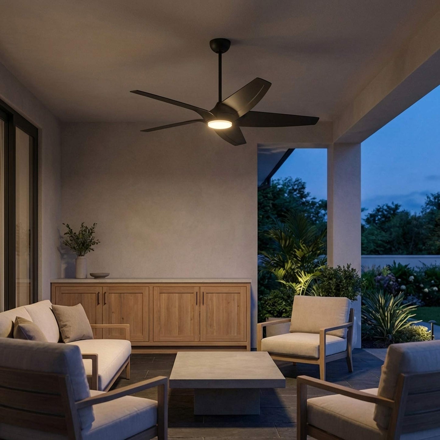 Dellwood Coastal Smart LED Ceiling Fan in porch.