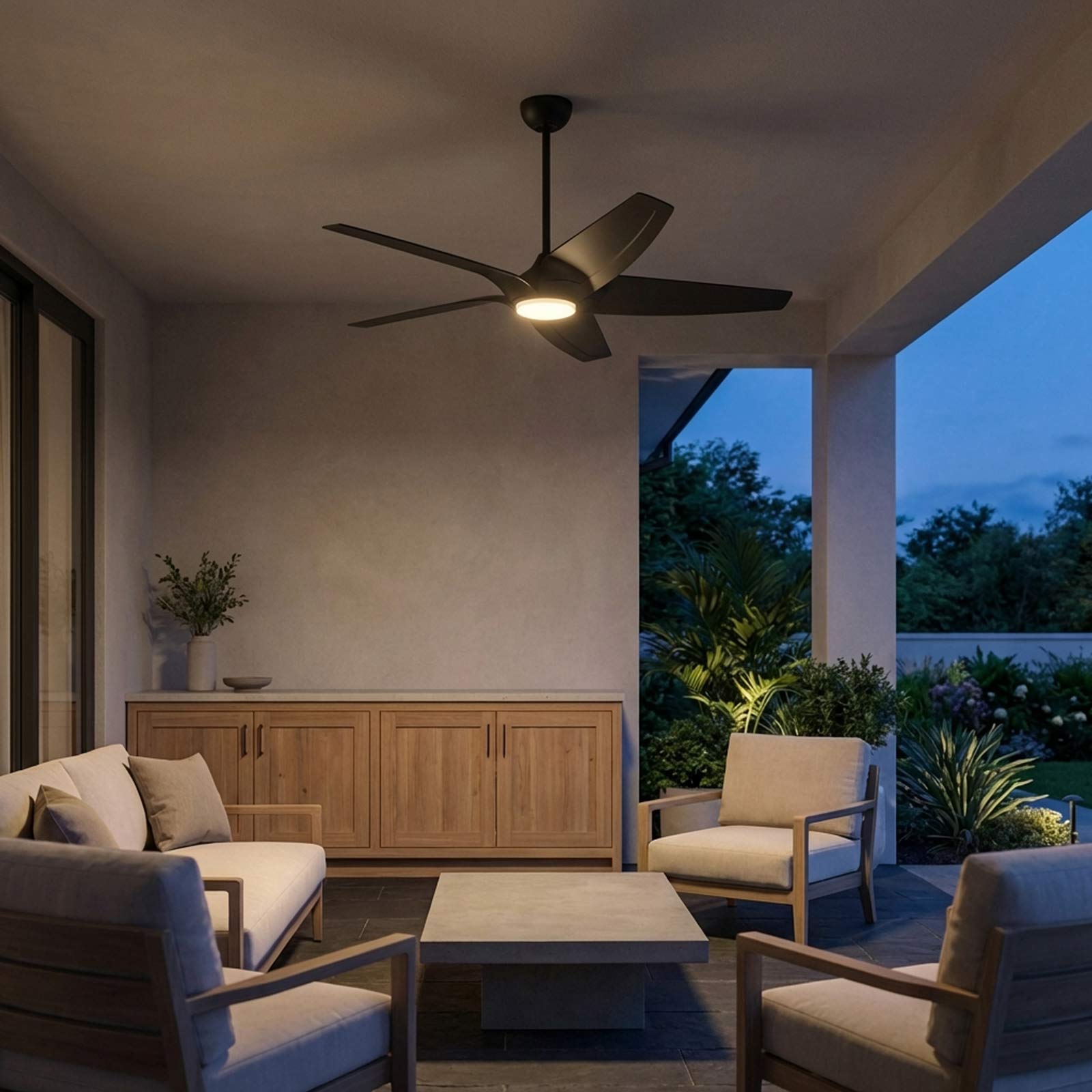 Dellwood Coastal Smart LED Ceiling Fan in porch.