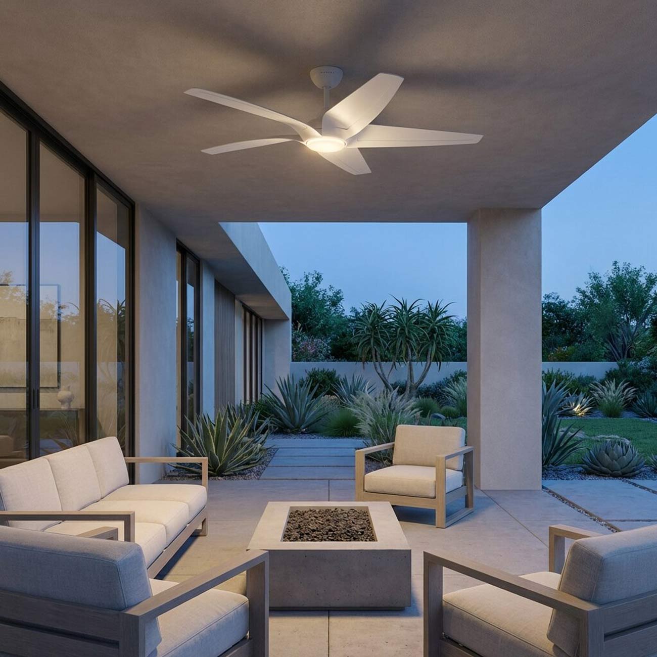 Dellwood Coastal Smart LED Ceiling Fan in porch.