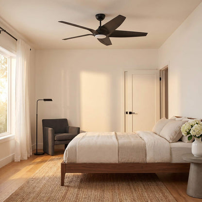 Dellwood Coastal Smart LED Ceiling Fan in bedroom.