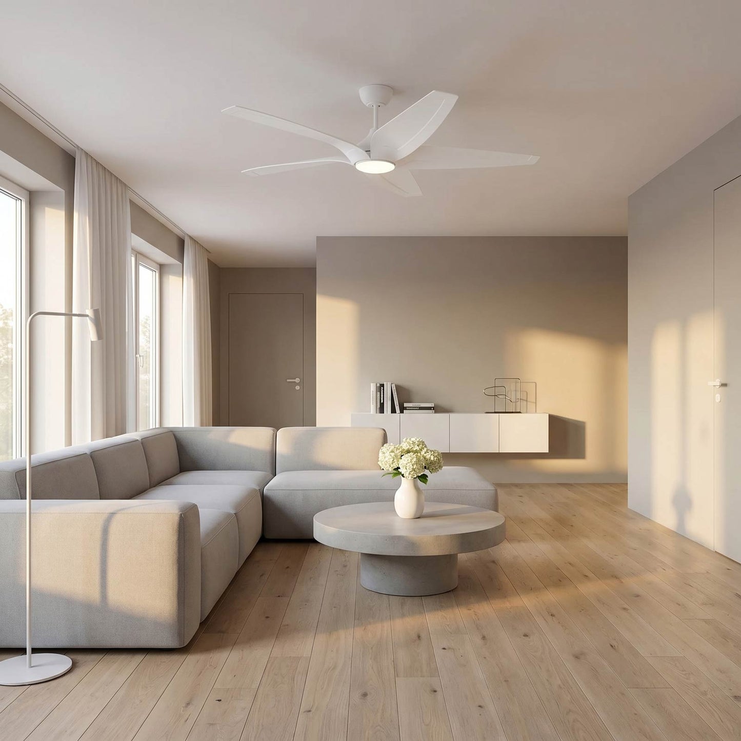 Dellwood Coastal Smart LED Ceiling Fan in living room.