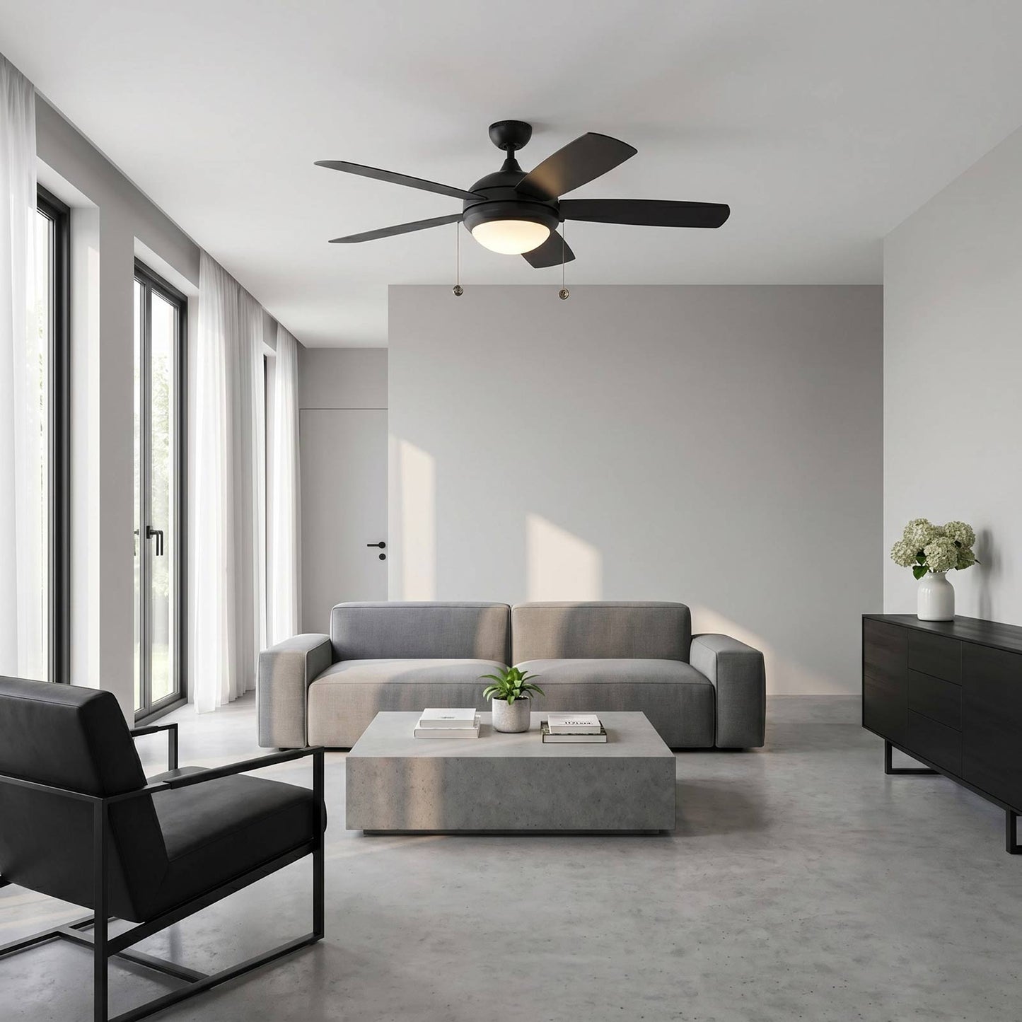 Discus Outdoor LED Ceiling Fan in living room.