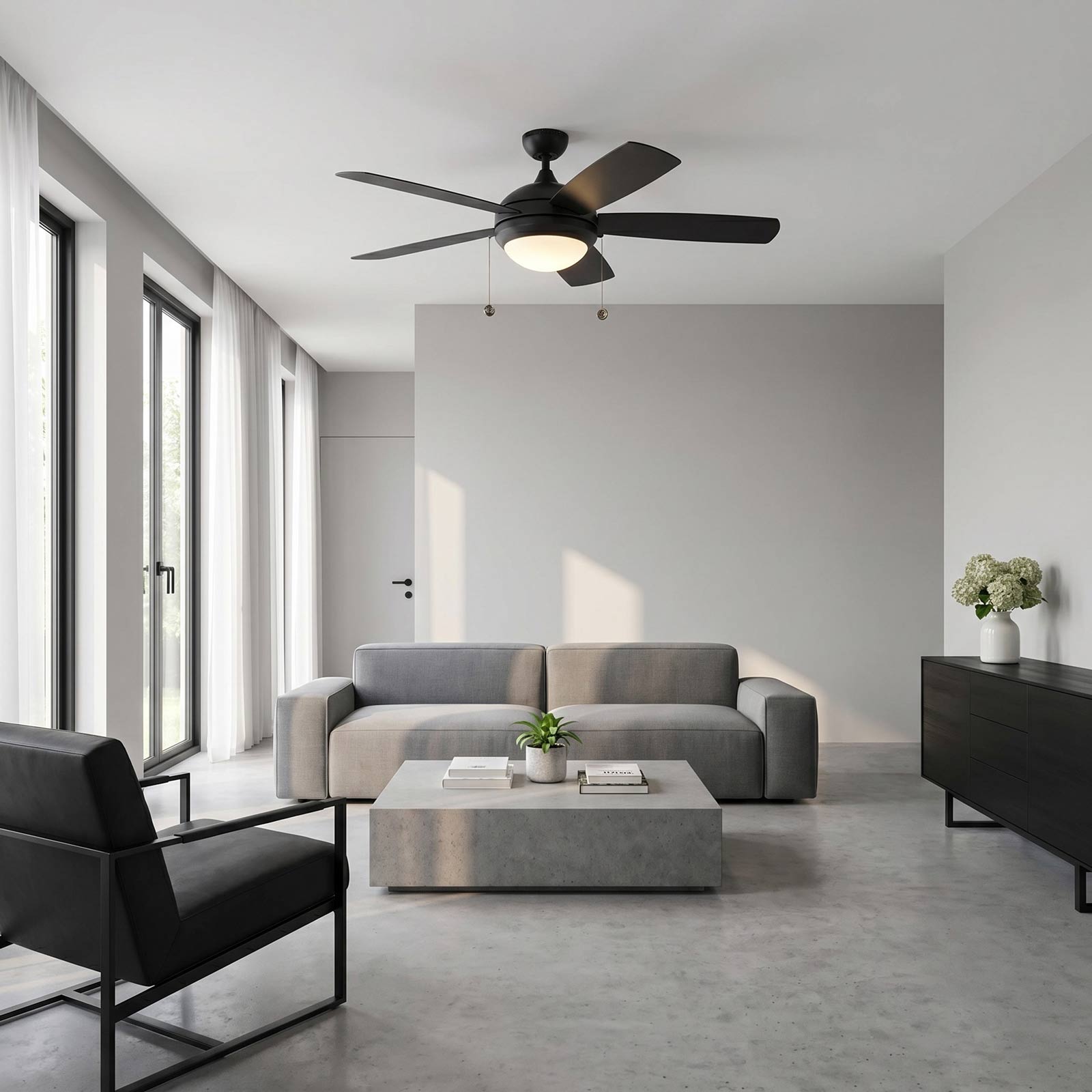 Discus Outdoor LED Ceiling Fan in living room.