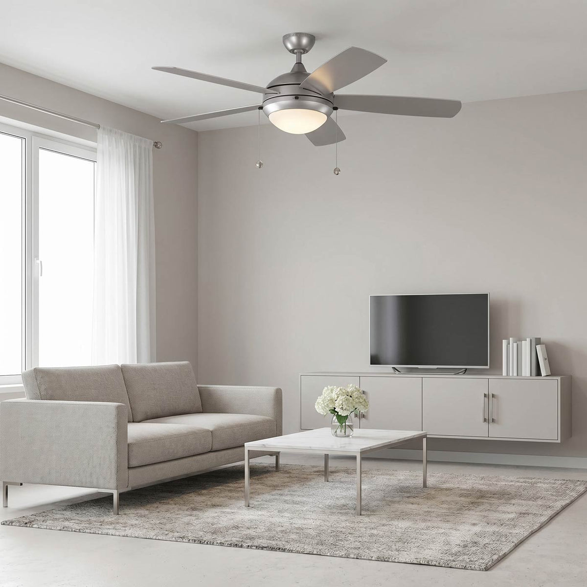 Discus Outdoor LED Ceiling Fan in living room.