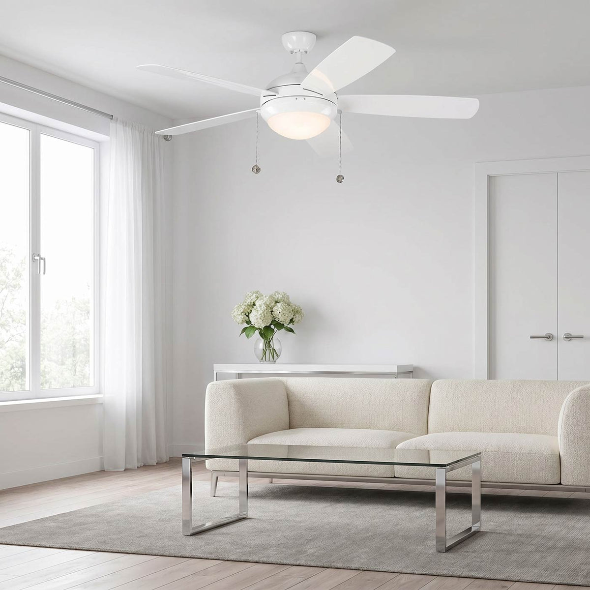 Discus Outdoor LED Ceiling Fan in living room.