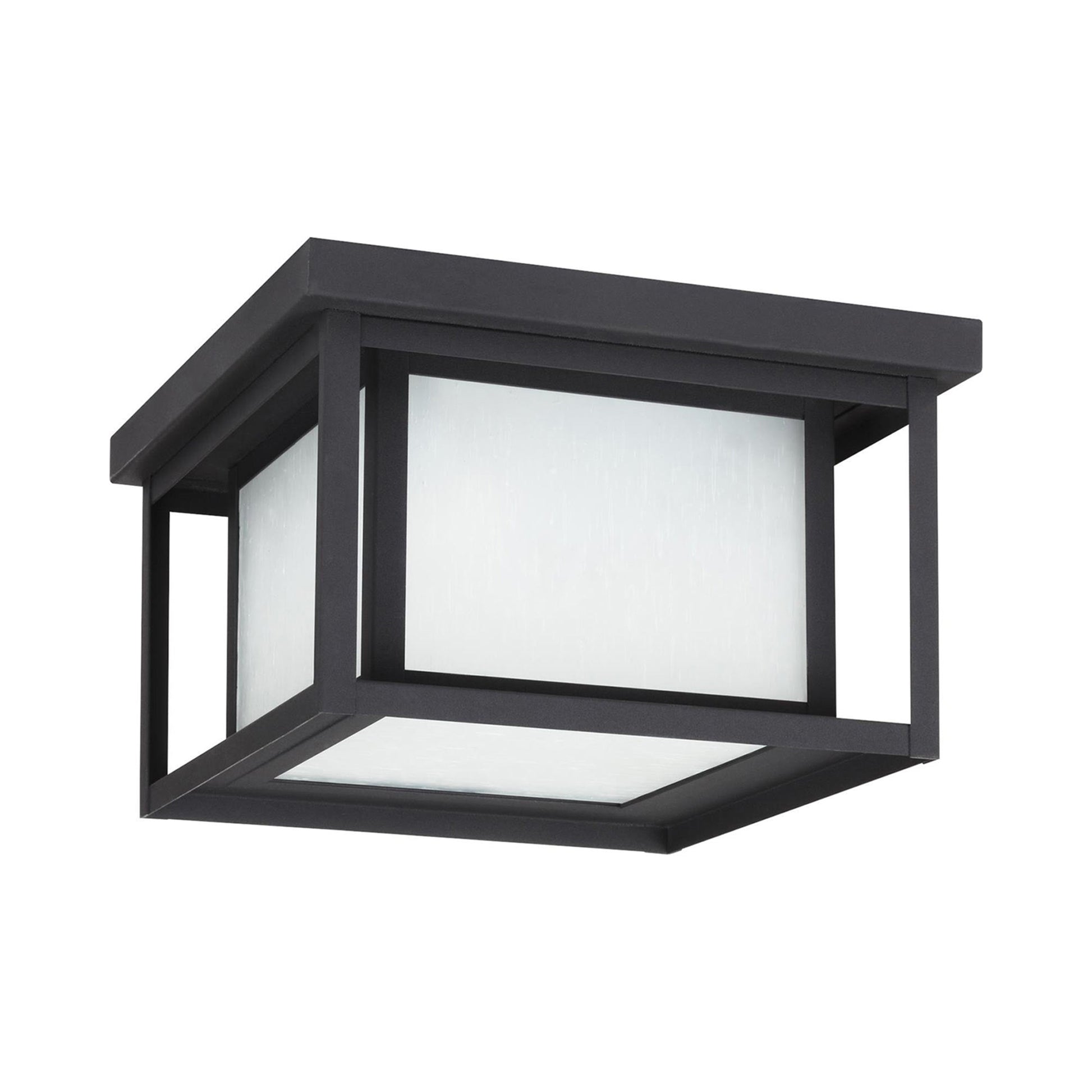 Hunnington Outdoor Flush Mount Ceiling Light in Black/Etched Seeded.