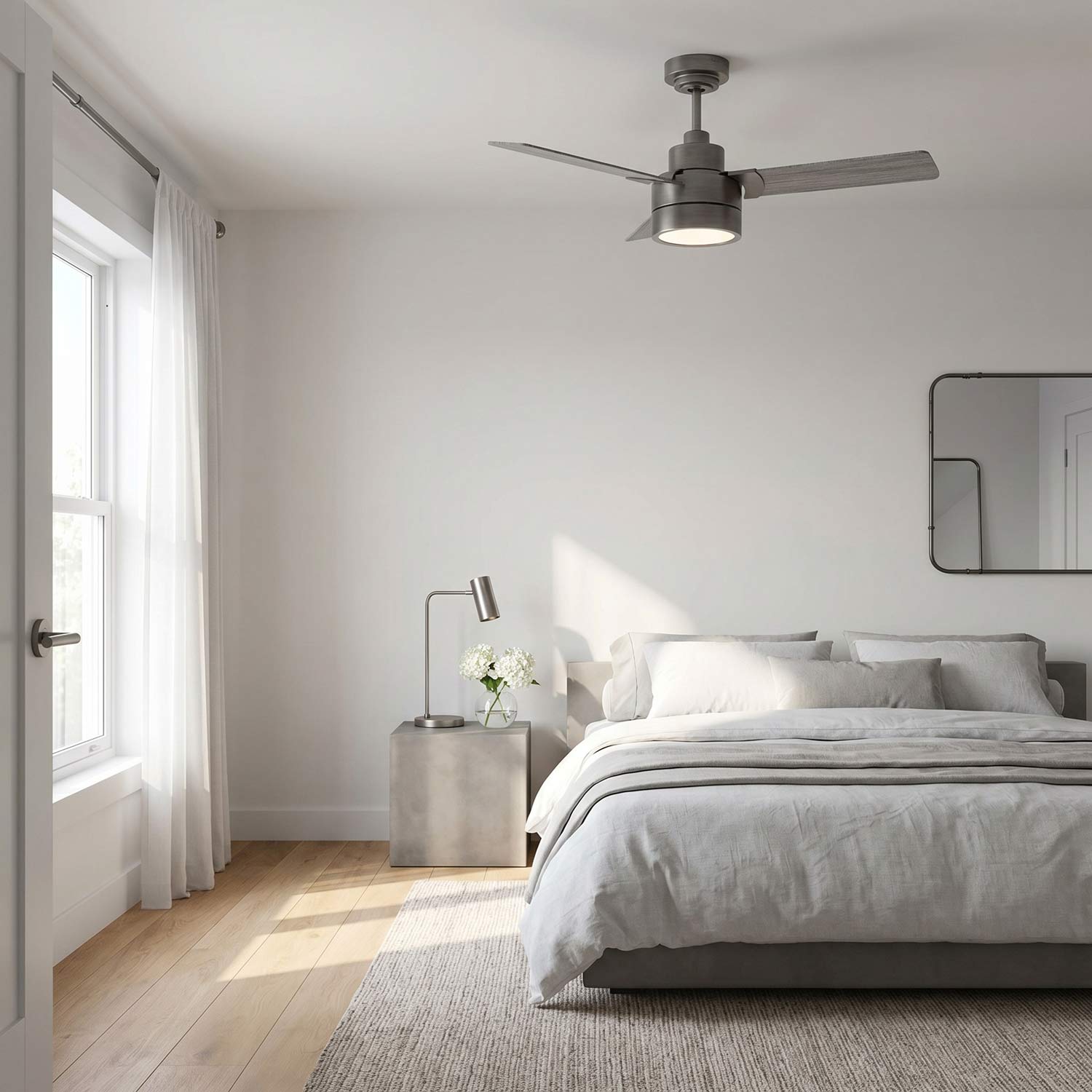 Jovie Outdoor LED Ceiling Fan in bedroom.