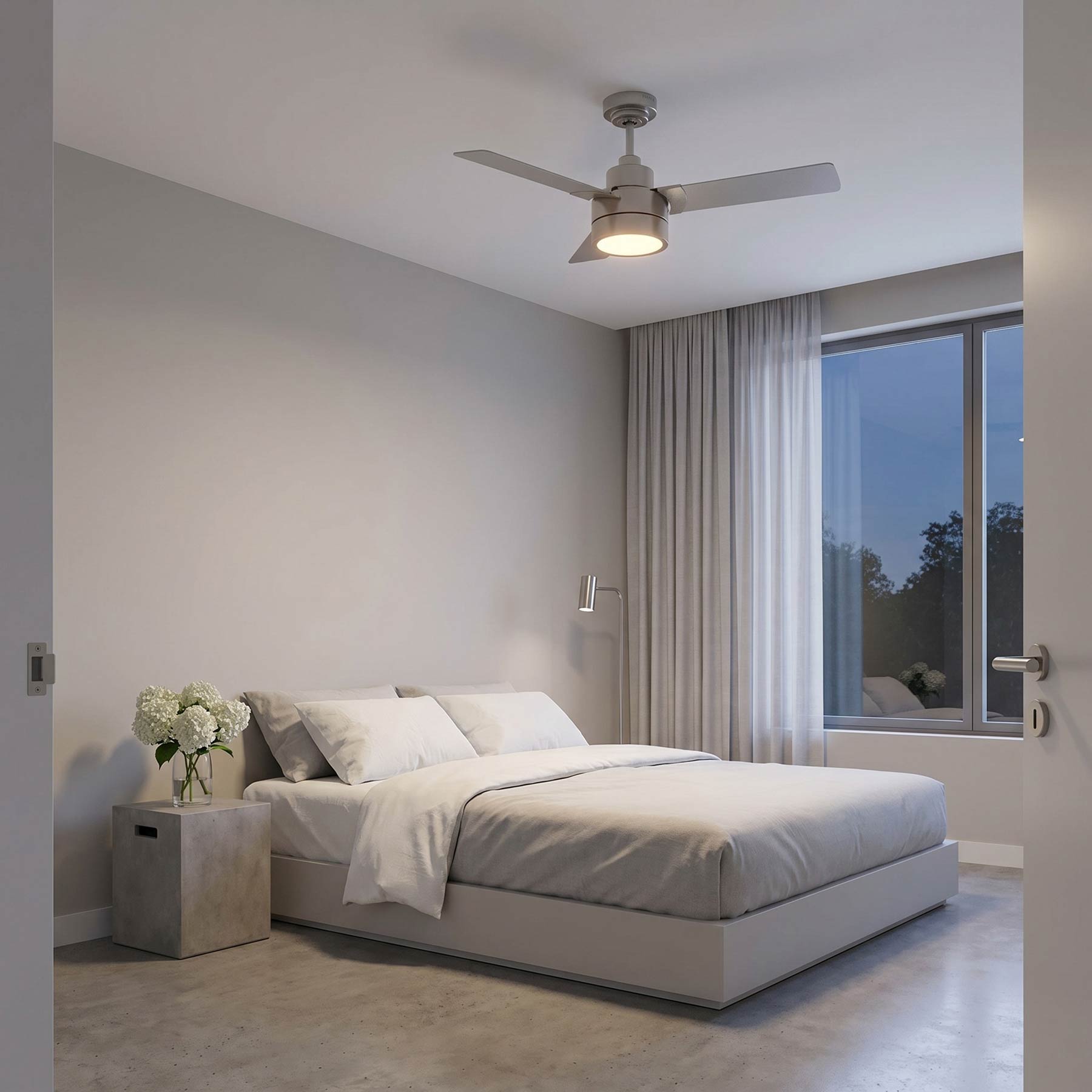 Jovie Outdoor LED Ceiling Fan in bedroom.