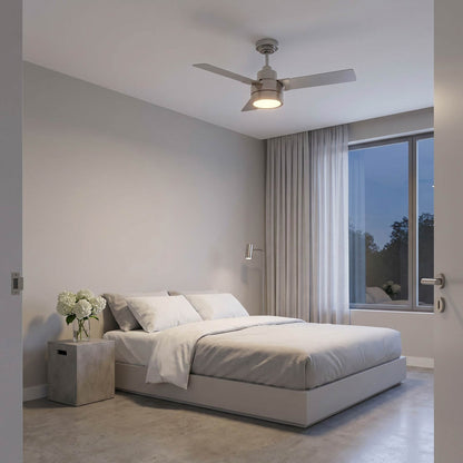 Jovie Outdoor LED Ceiling Fan in bedroom.