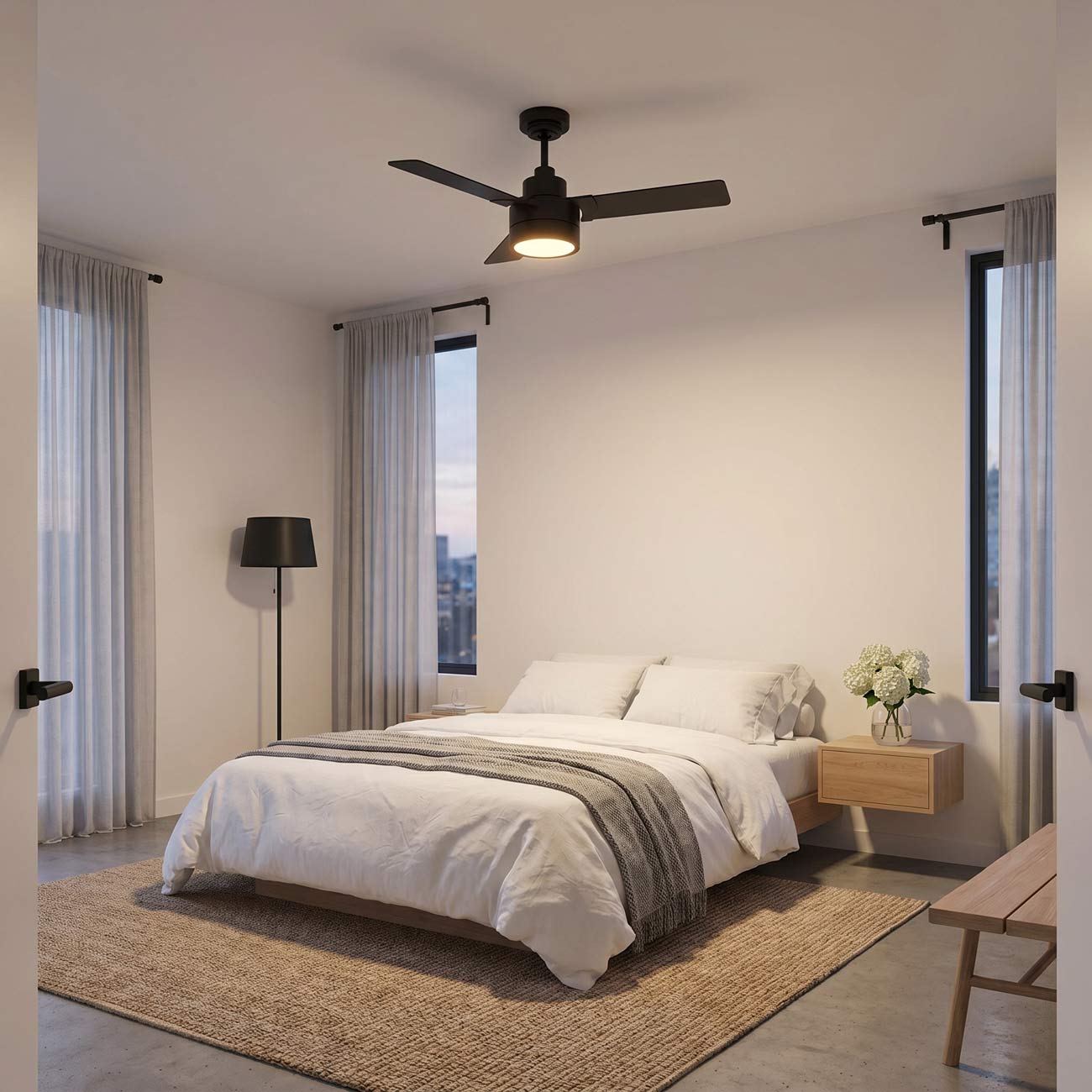 Jovie Outdoor LED Ceiling Fan in bedroom.