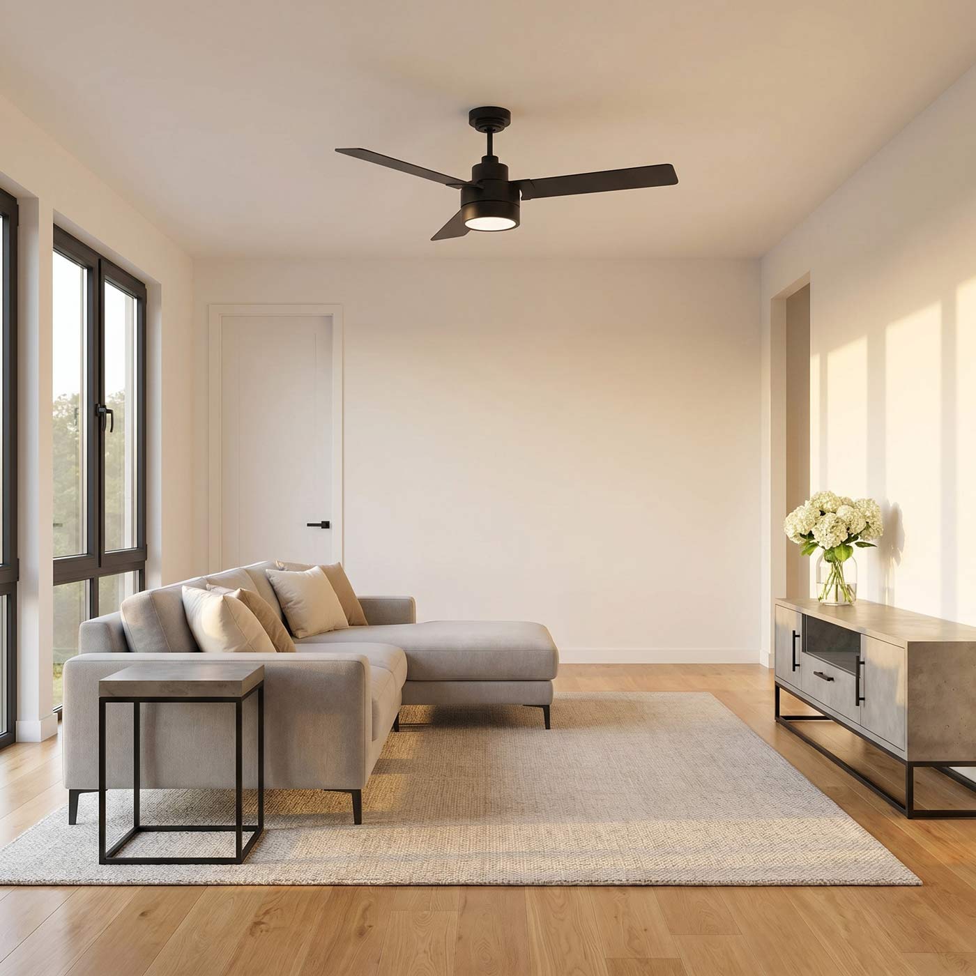 Jovie Outdoor LED Ceiling Fan in living room.