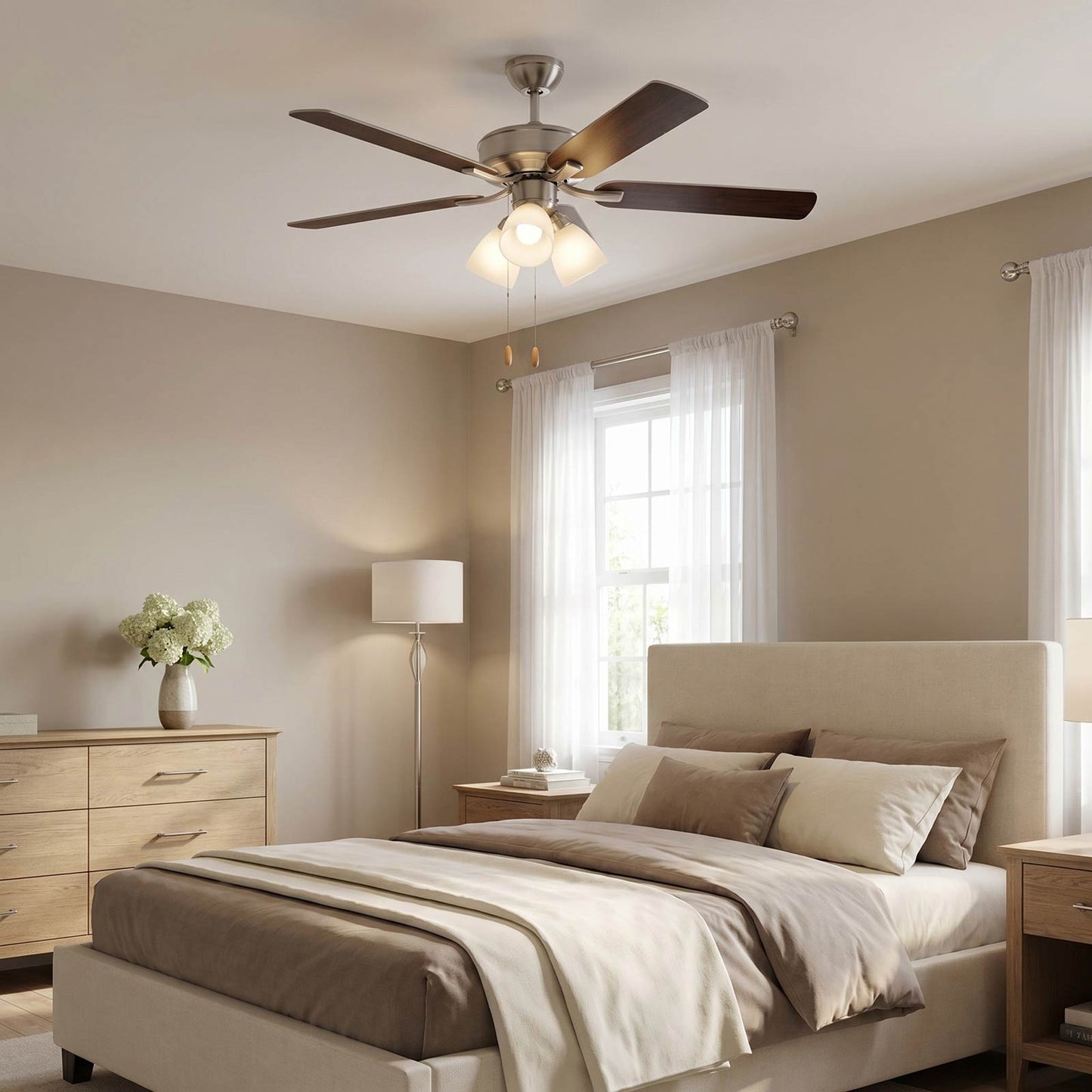 Linden LED 3 Ceiling Fan in bedroom.