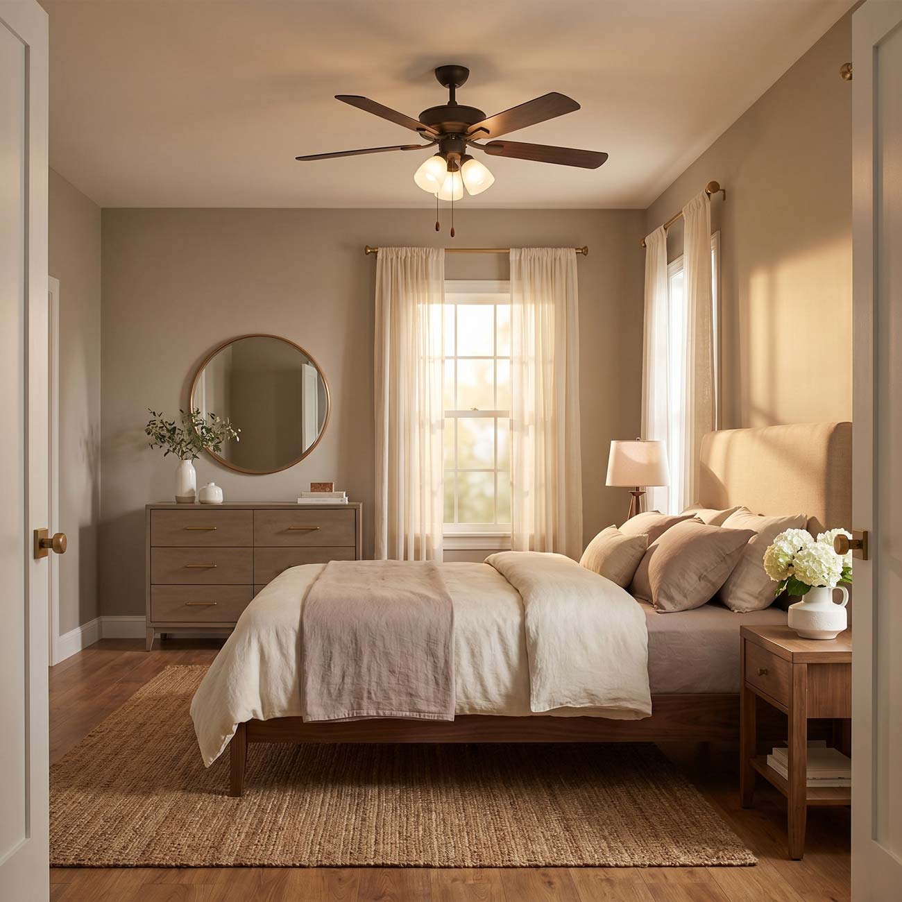 Linden LED 3 Ceiling Fan in bedroom.