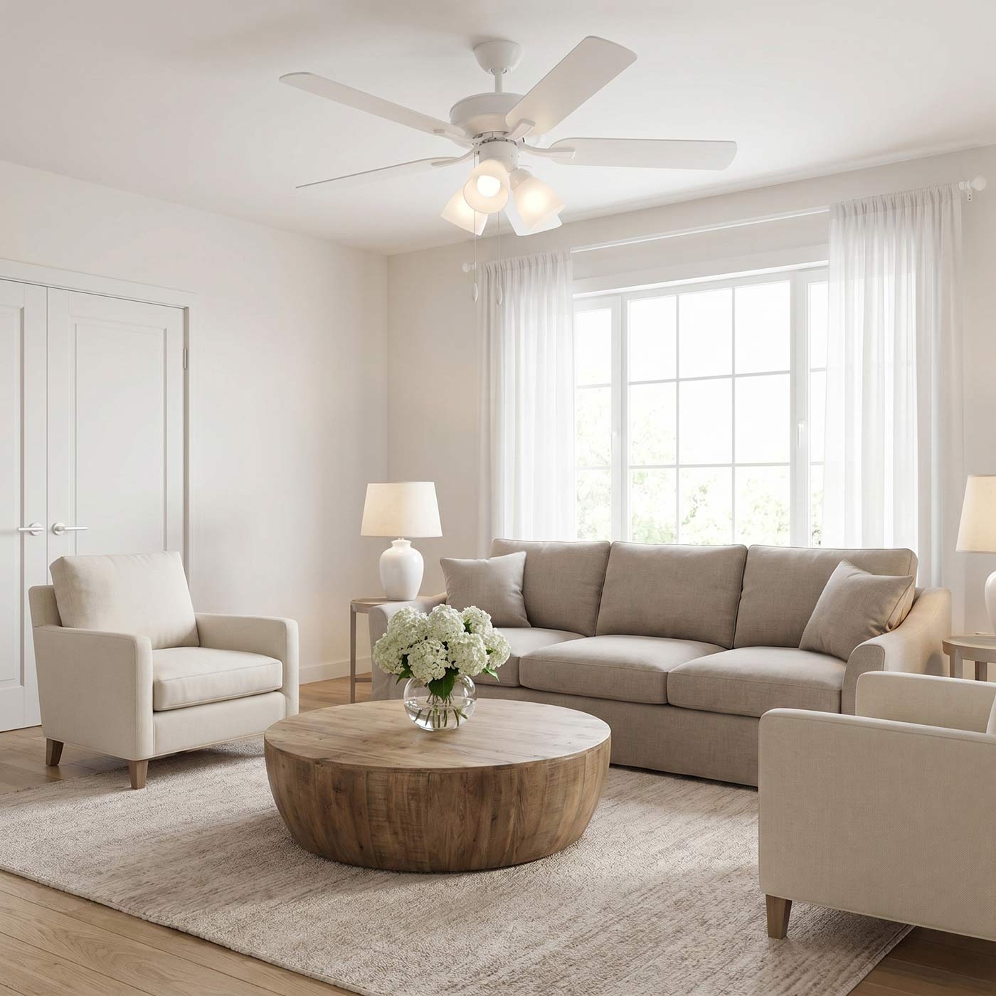 Linden LED 3 Ceiling Fan in living room.