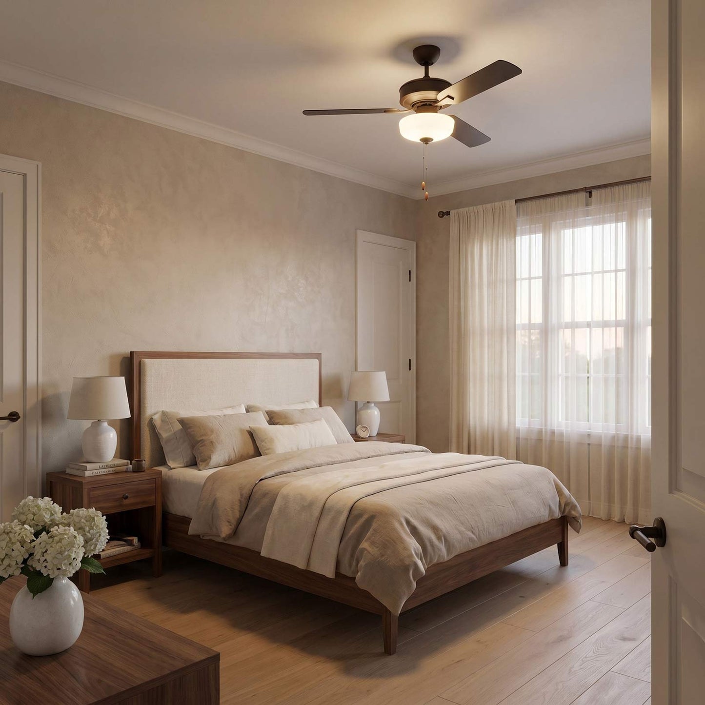 Linden LED Ceiling Fan in bedroom.