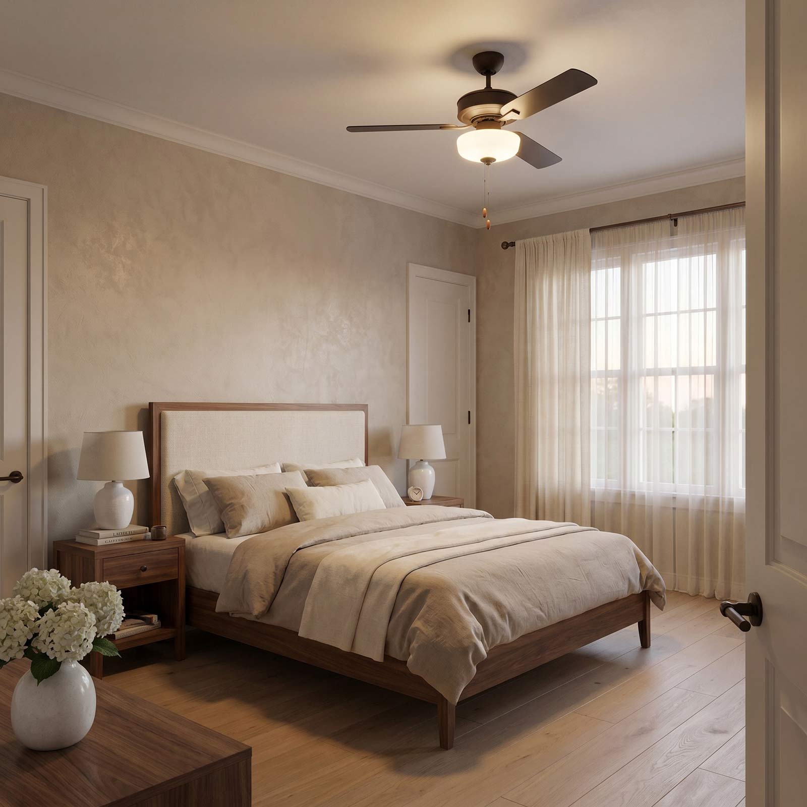 Linden LED Ceiling Fan in bedroom.
