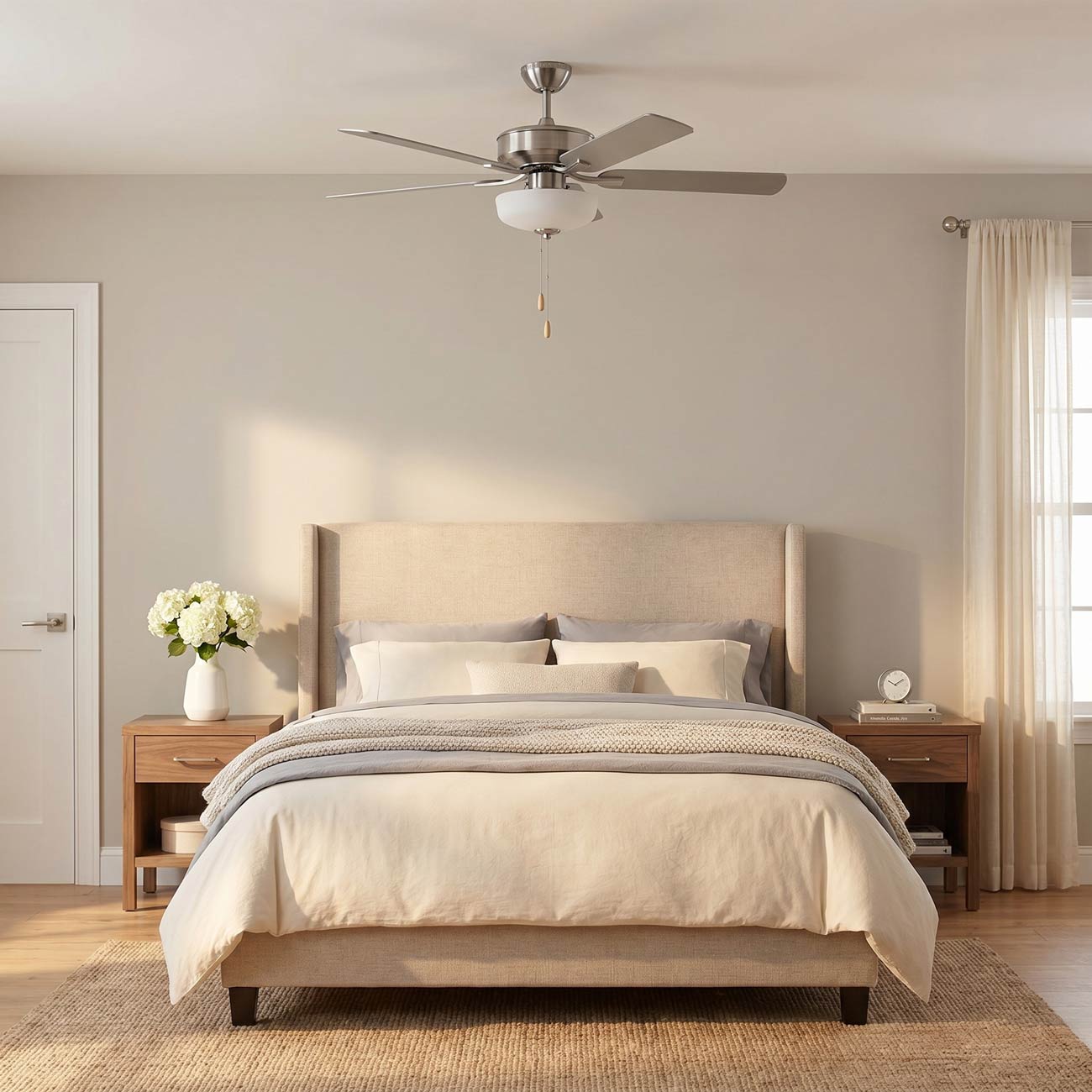 Linden LED Ceiling Fan in bedroom.