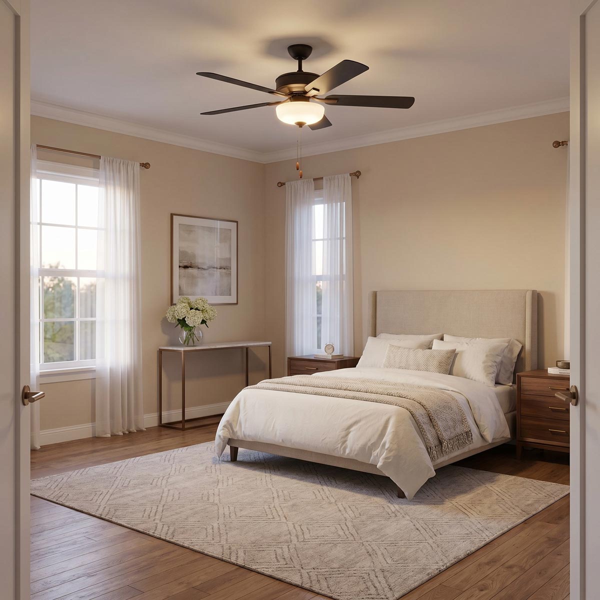 Linden LED Ceiling Fan in bedroom.