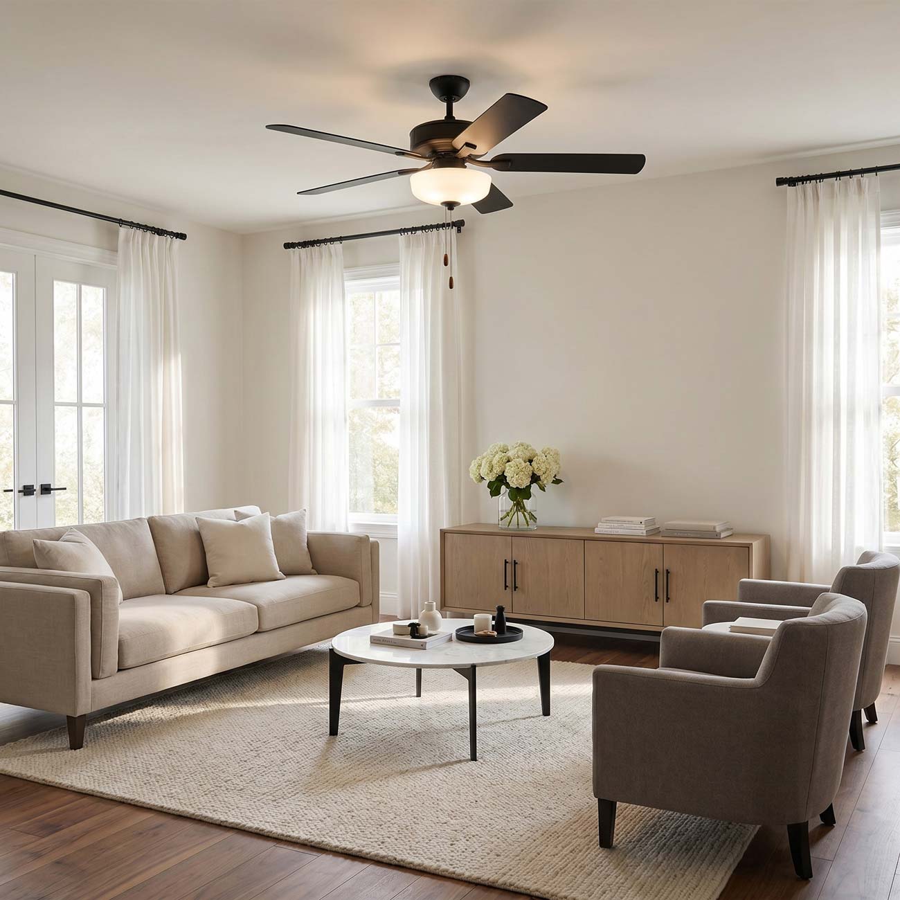 Linden LED Ceiling Fan in living room.