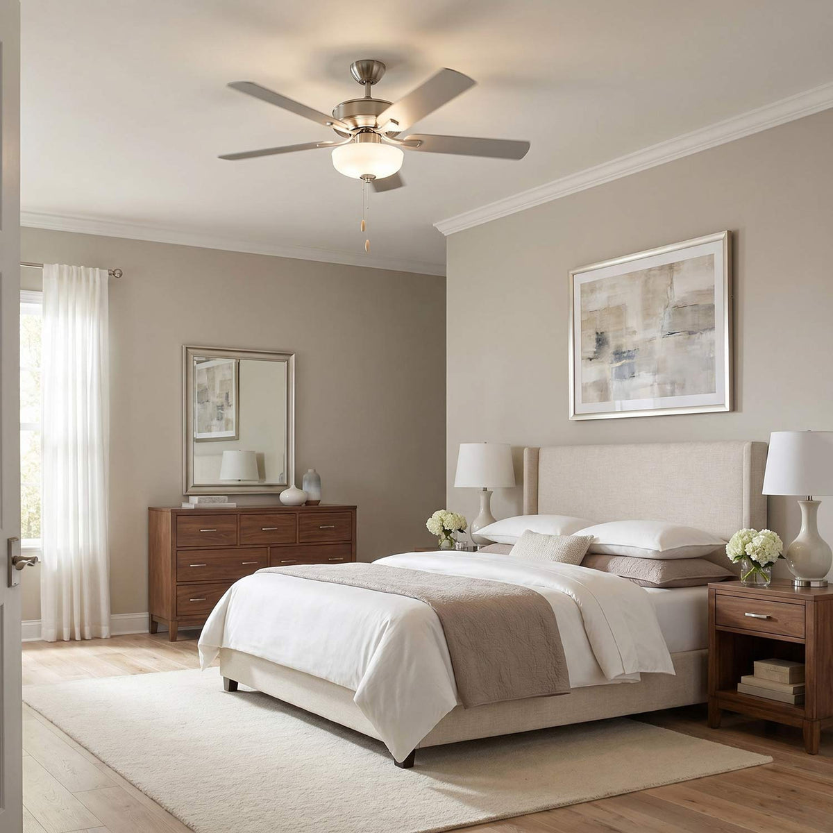 Linden LED DC Ceiling Fan in bedroom.