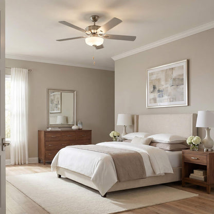 Linden LED DC Ceiling Fan in bedroom.
