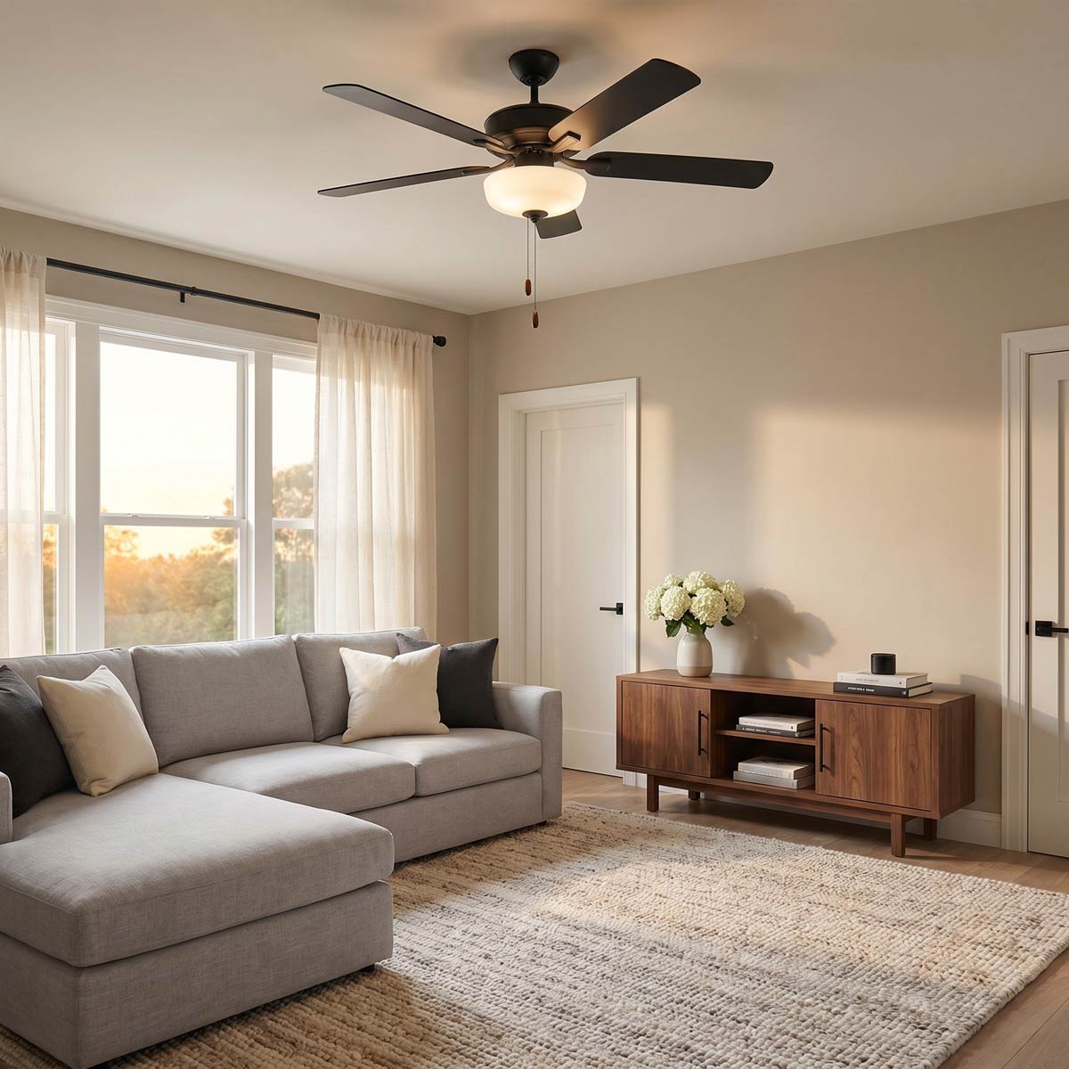Linden LED DC Ceiling Fan in living room.
