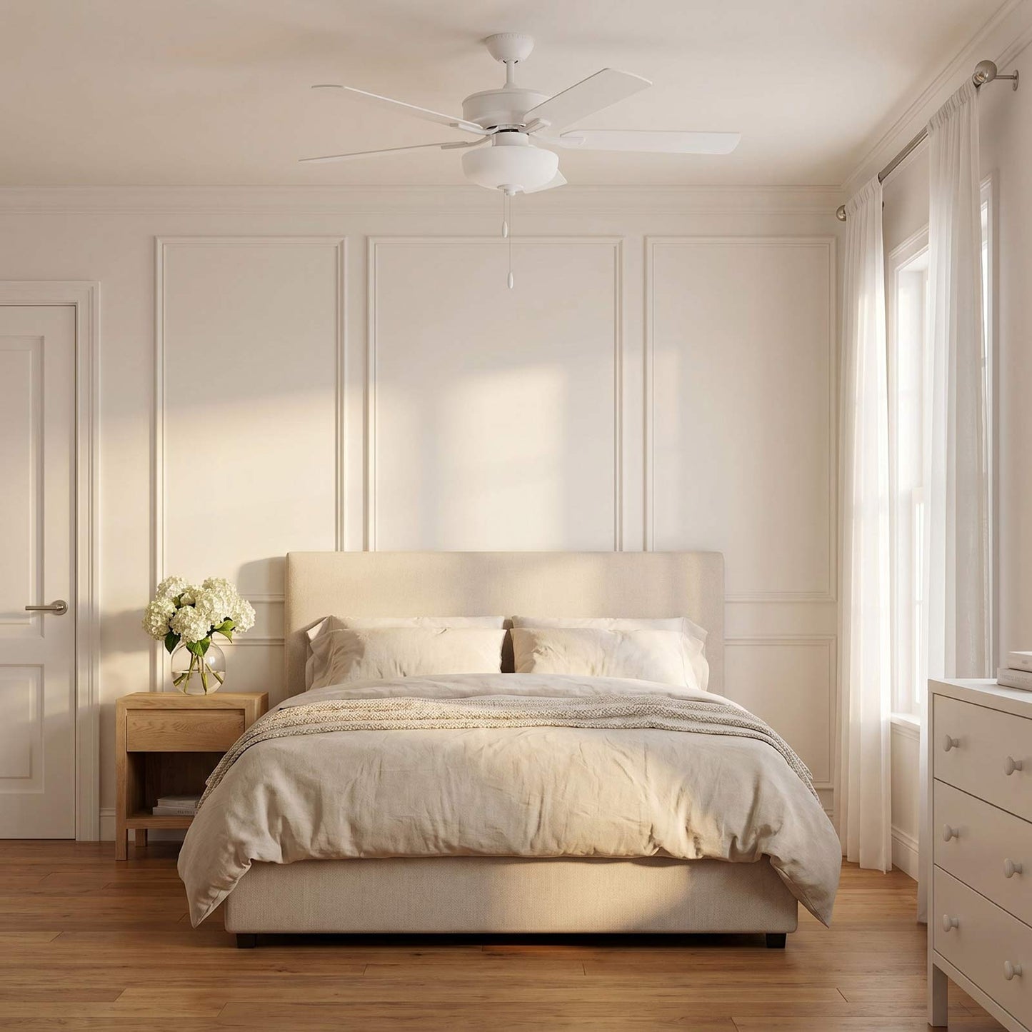 Linden LED DC Ceiling Fan in bedroom.
