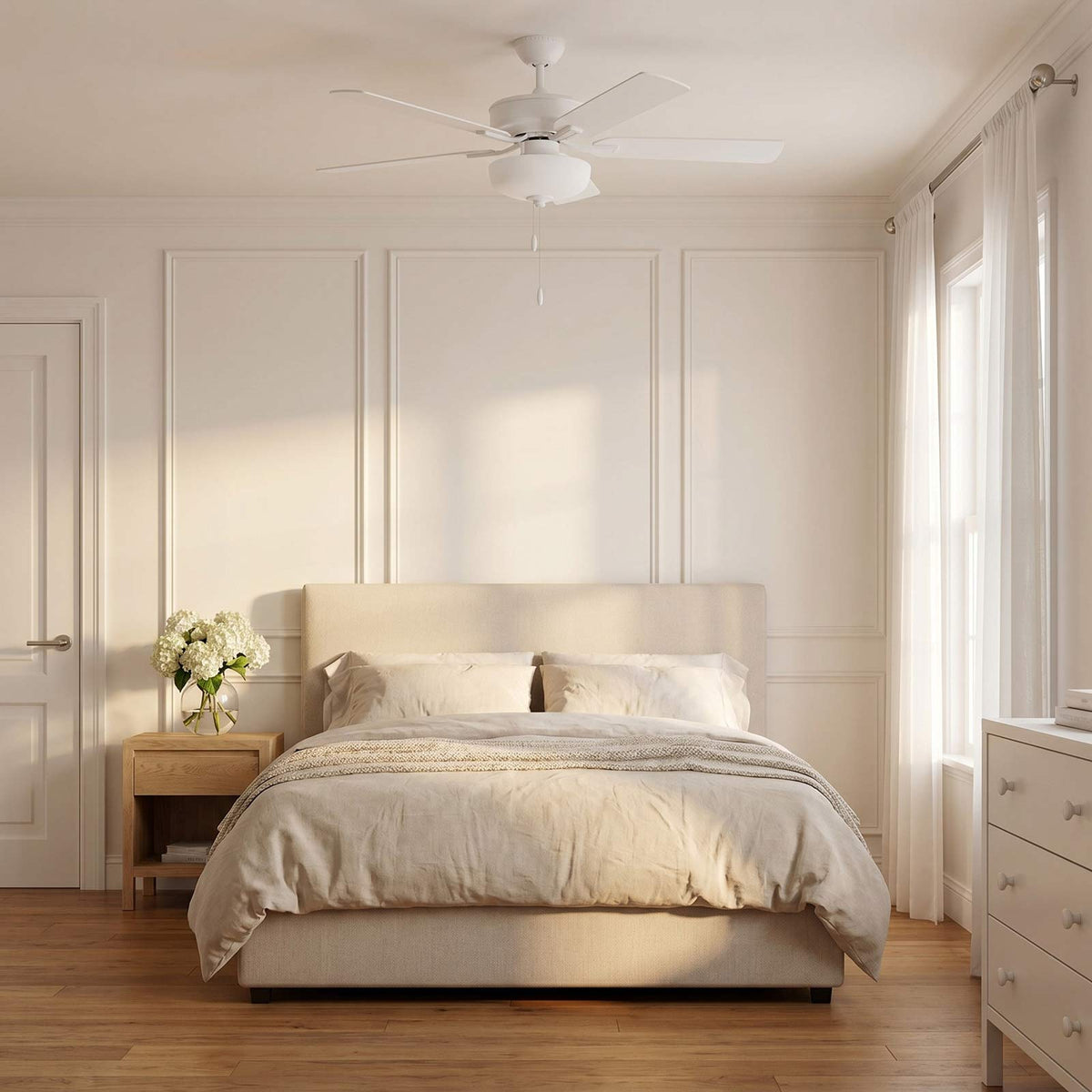 Linden LED DC Ceiling Fan in bedroom.
