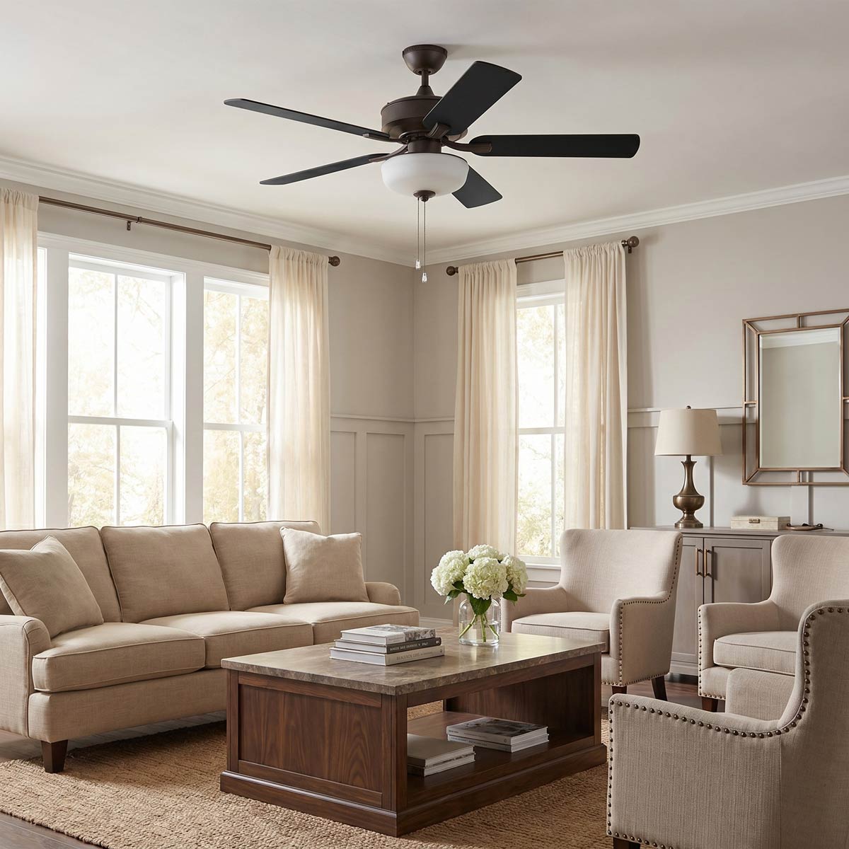 Linden Outdoor LED Ceiling Fan in living room.