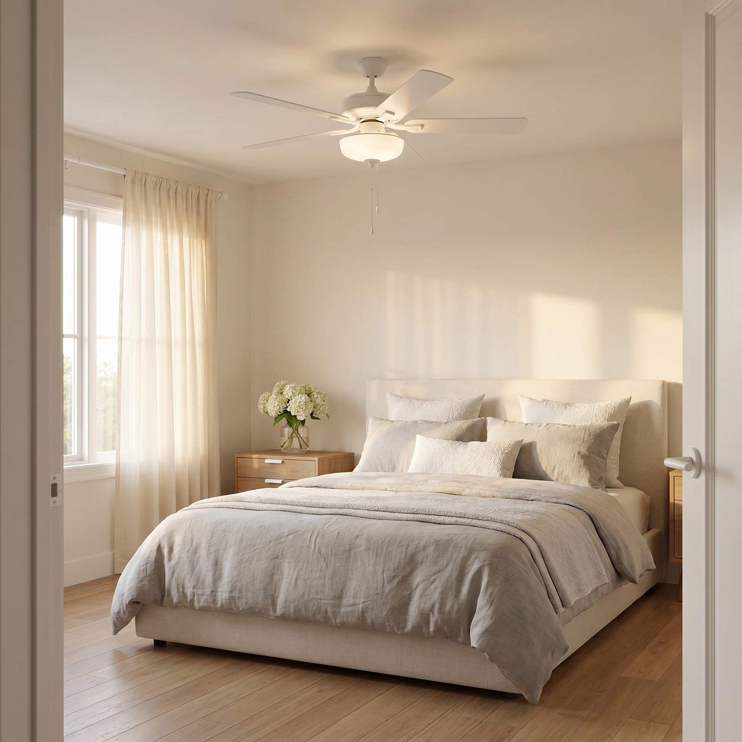 Linden Outdoor LED Ceiling Fan in bedroom.