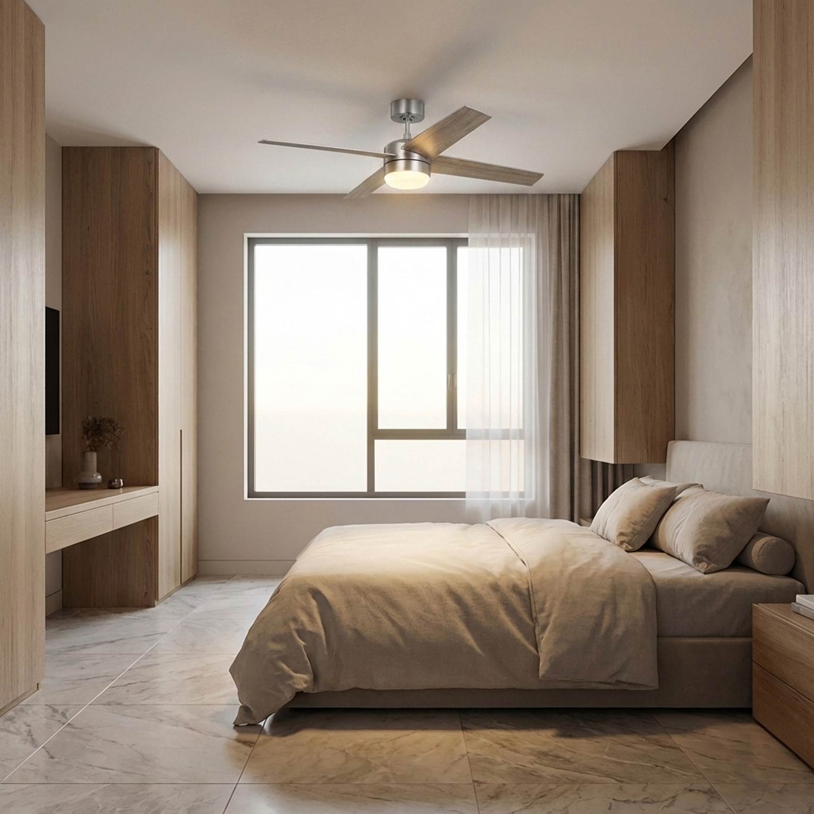 Loni LED Ceiling Fan in bedroom.