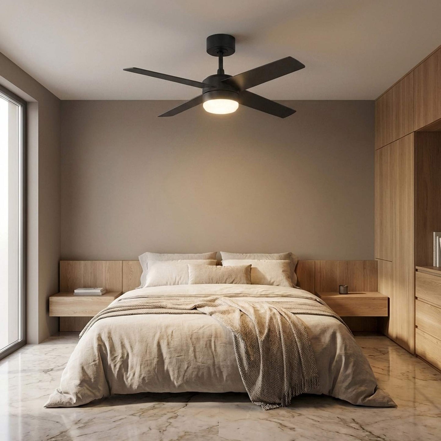 Loni LED Ceiling Fan in bedroom.
