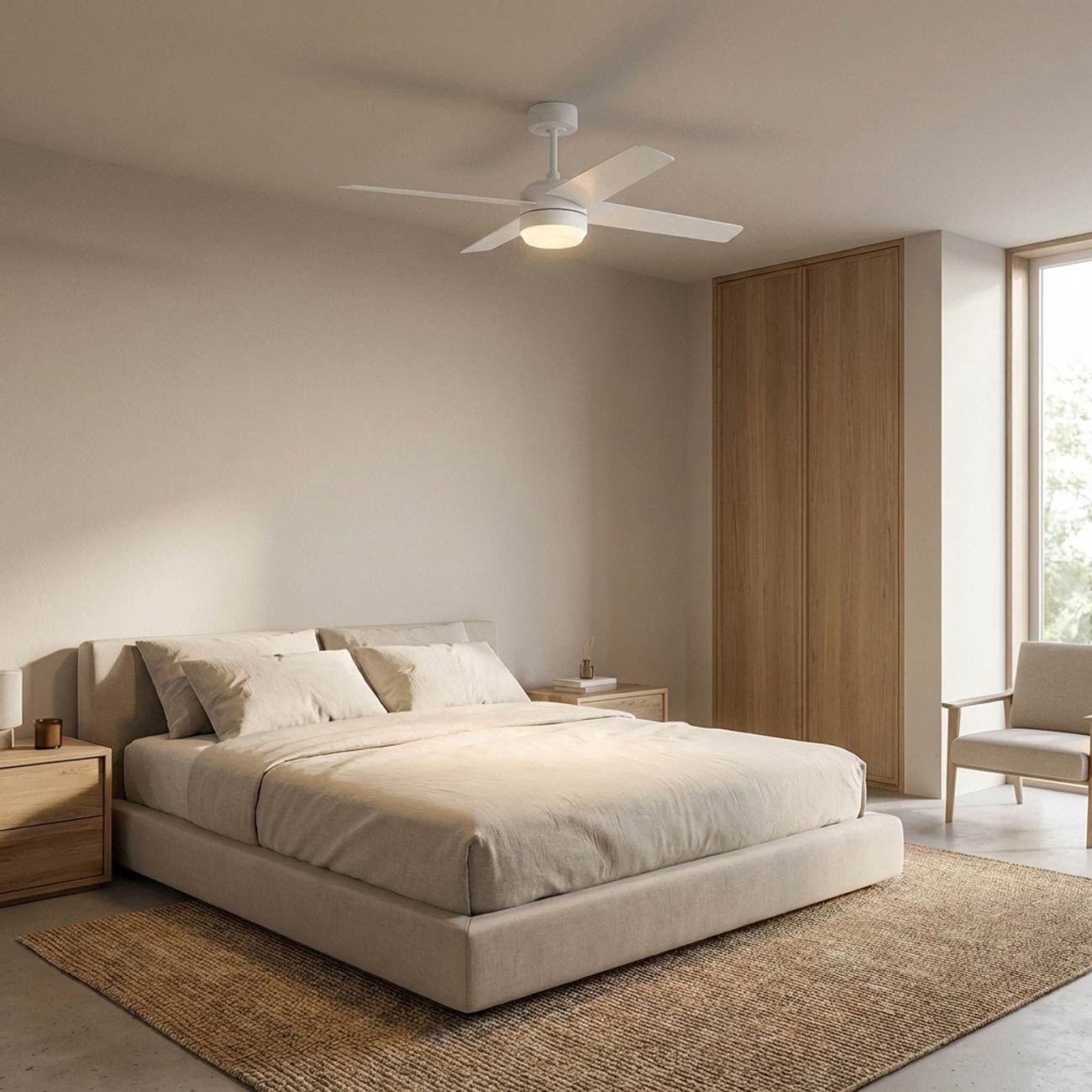 Loni LED Ceiling Fan in bedroom.