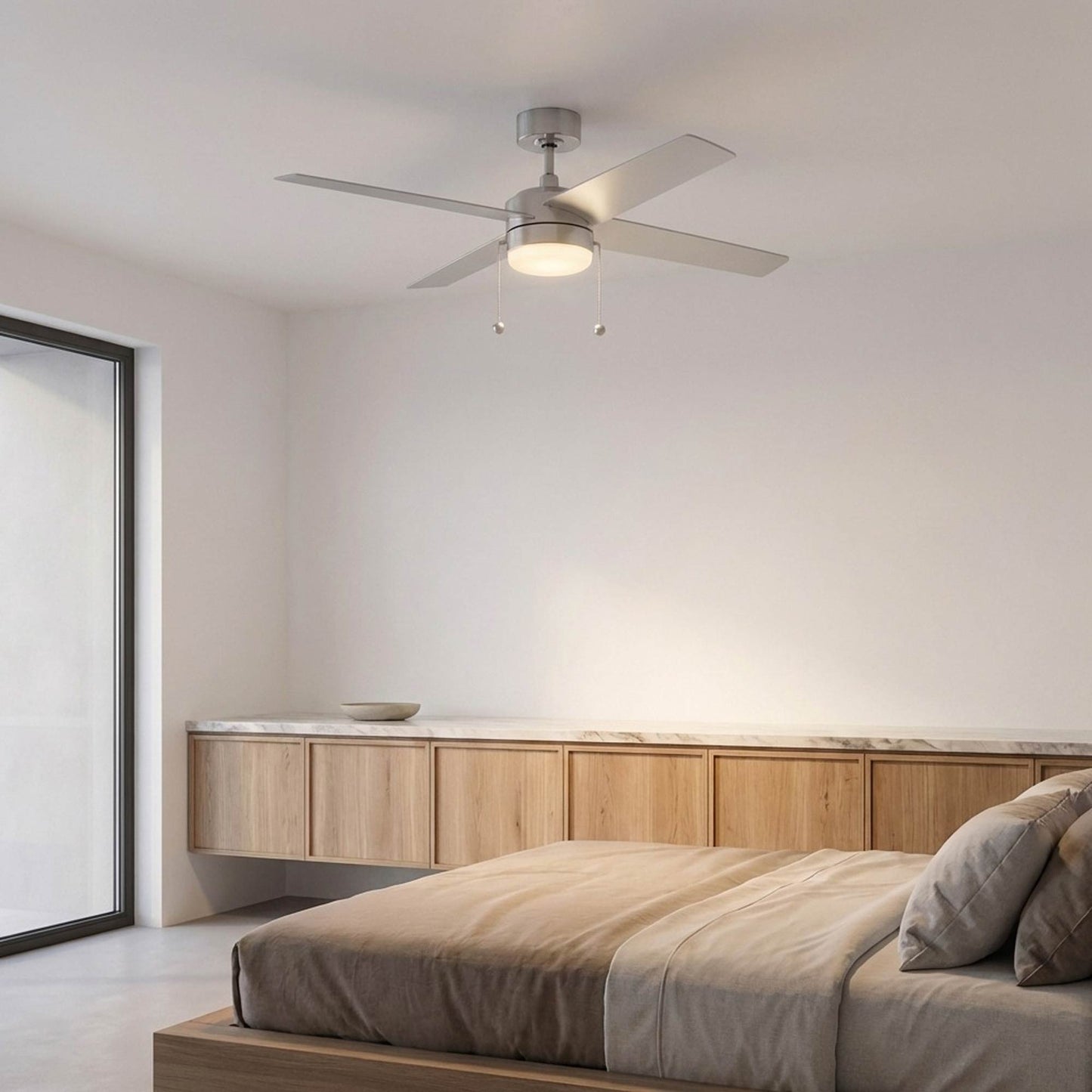 Loni LED Pull Chain Ceiling Fan in bedroom.