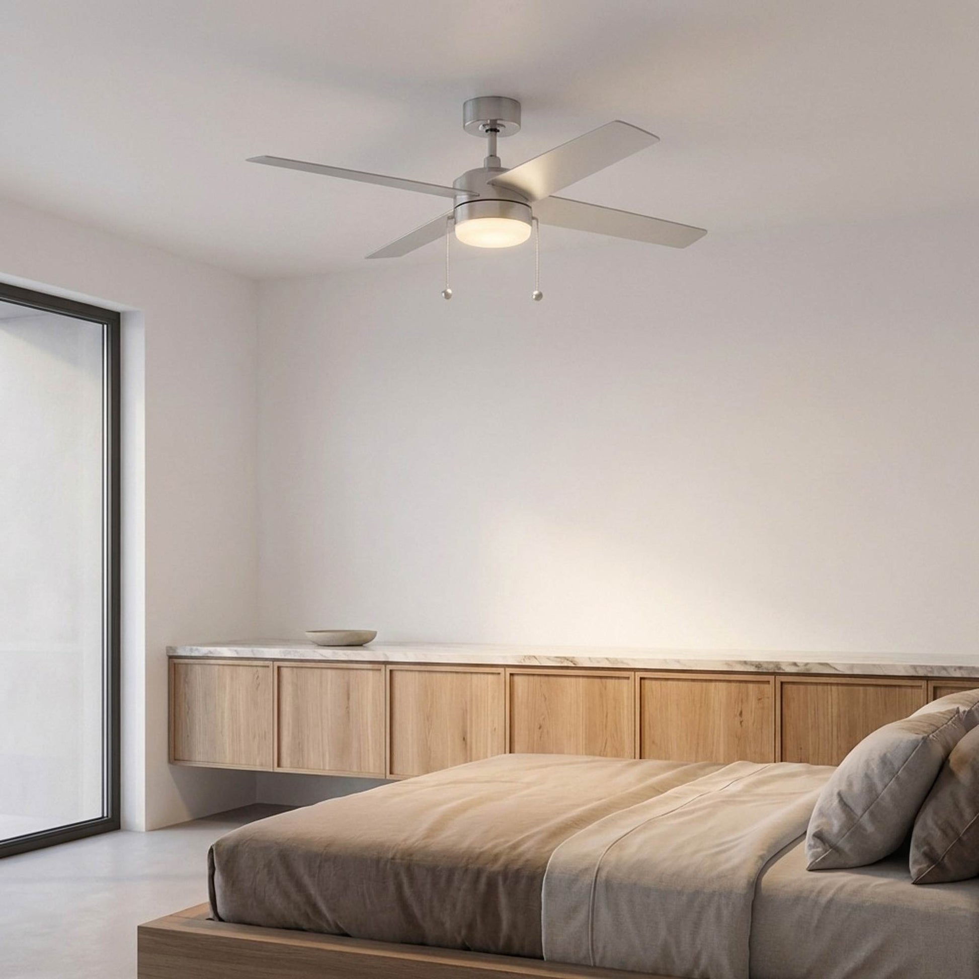 Loni LED Pull Chain Ceiling Fan in bedroom.