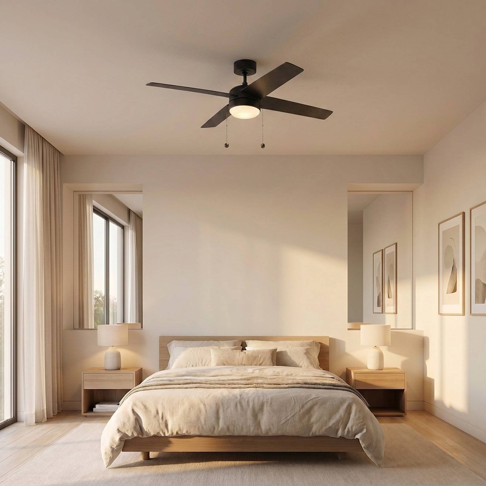 Loni LED Pull Chain Ceiling Fan in bedroom.