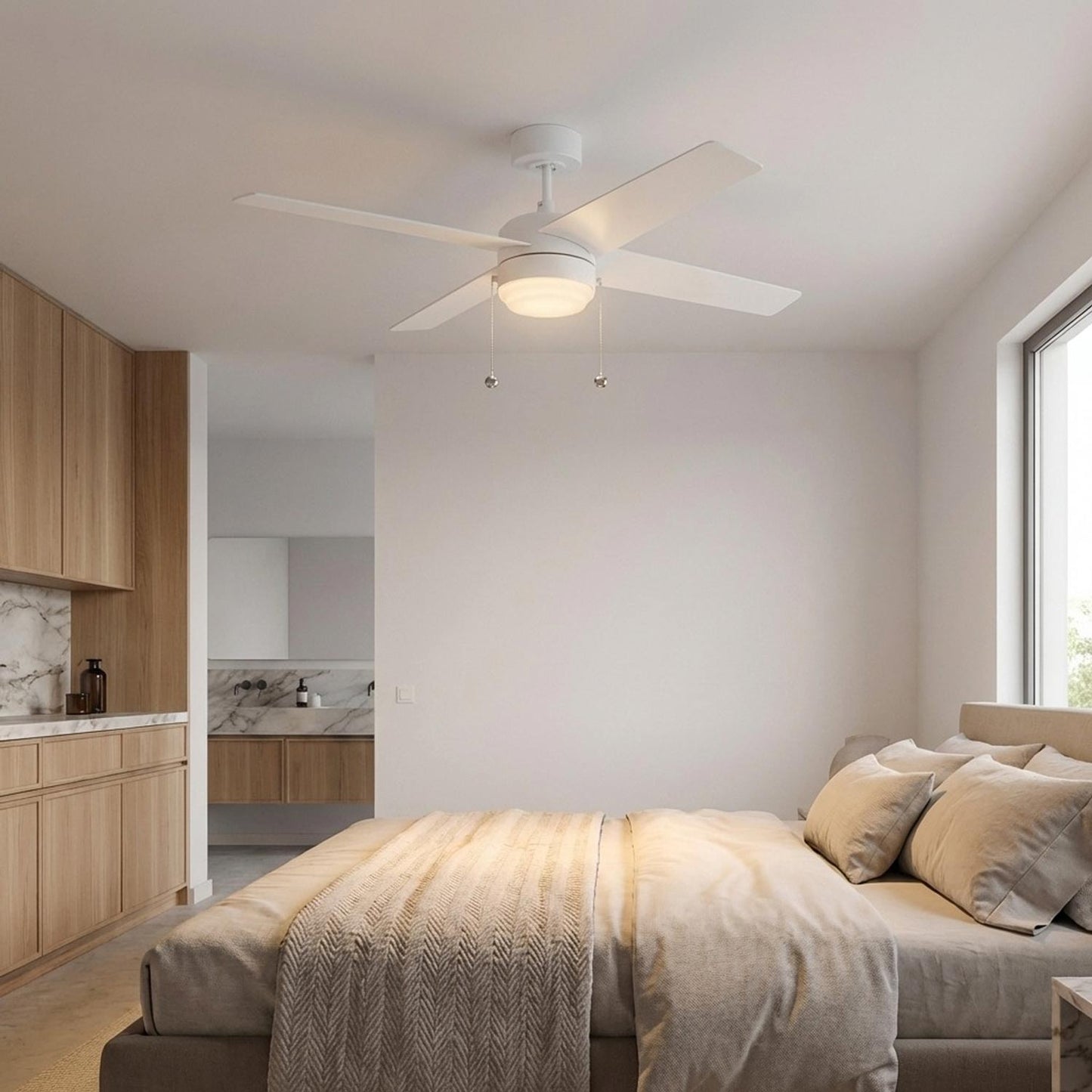 Loni LED Pull Chain Ceiling Fan in bedroom.